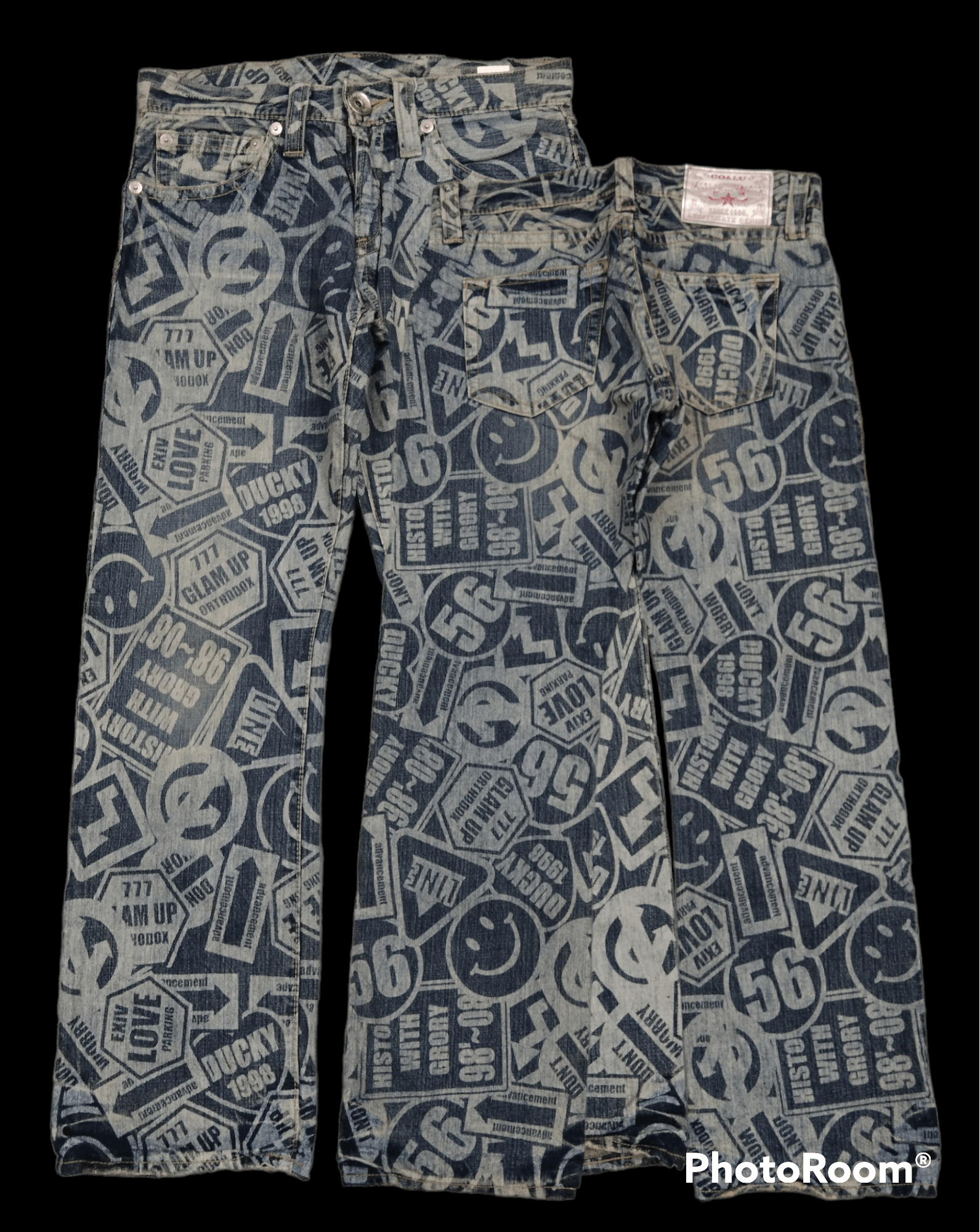 image of Avant Garde Sick Fullprint Co&lu Denim Pants in Blue Distressed, Men's (Size 31)