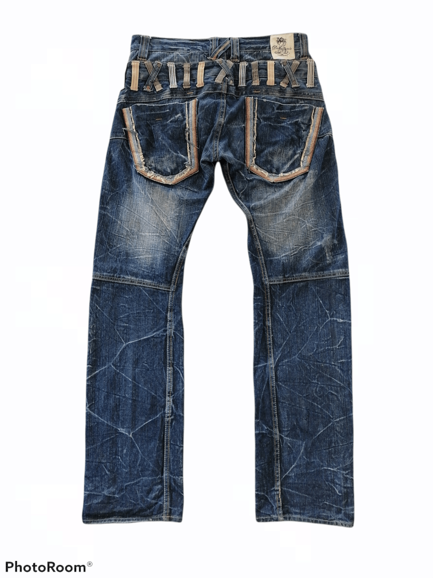 image of Avant Garde x Distressed Denim Dominate Double Waist Twist Distressed Denim Pants in Washed Blue (S