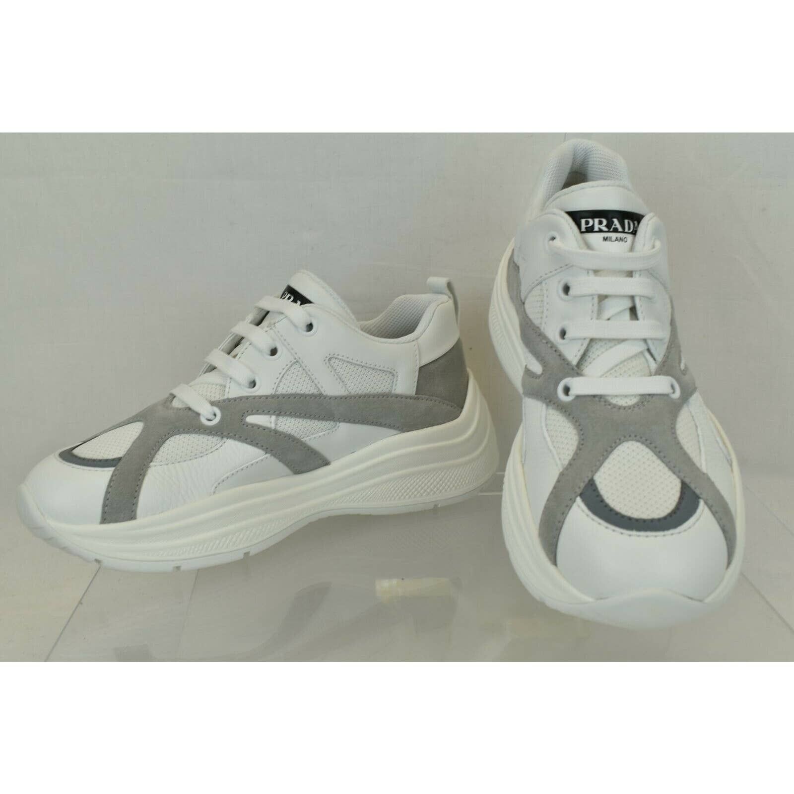 Prada 4E3490 WHITE LEATHER GRAY SUEDE MESH PLATFORM SNEAKERS 8 Size US 9 / EU 42 - 7 Thumbnail