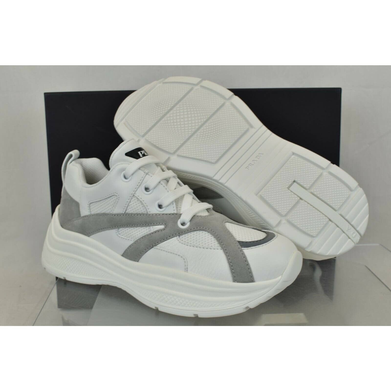 Prada 4E3490 WHITE LEATHER GRAY SUEDE MESH PLATFORM SNEAKERS 8 Size US 9 / EU 42 - 5 Thumbnail