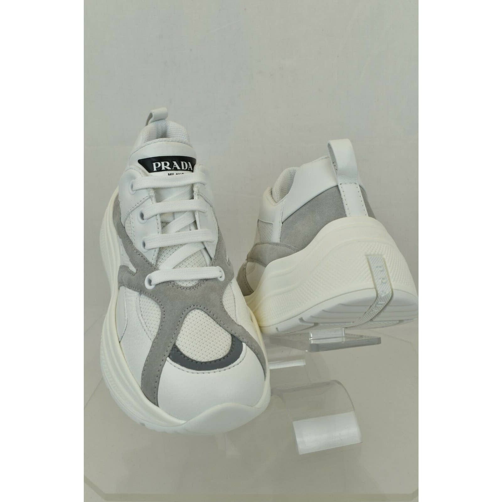 Prada 4E3490 WHITE LEATHER GRAY SUEDE MESH PLATFORM SNEAKERS 8 Size US 9 / EU 42 - 3 Thumbnail