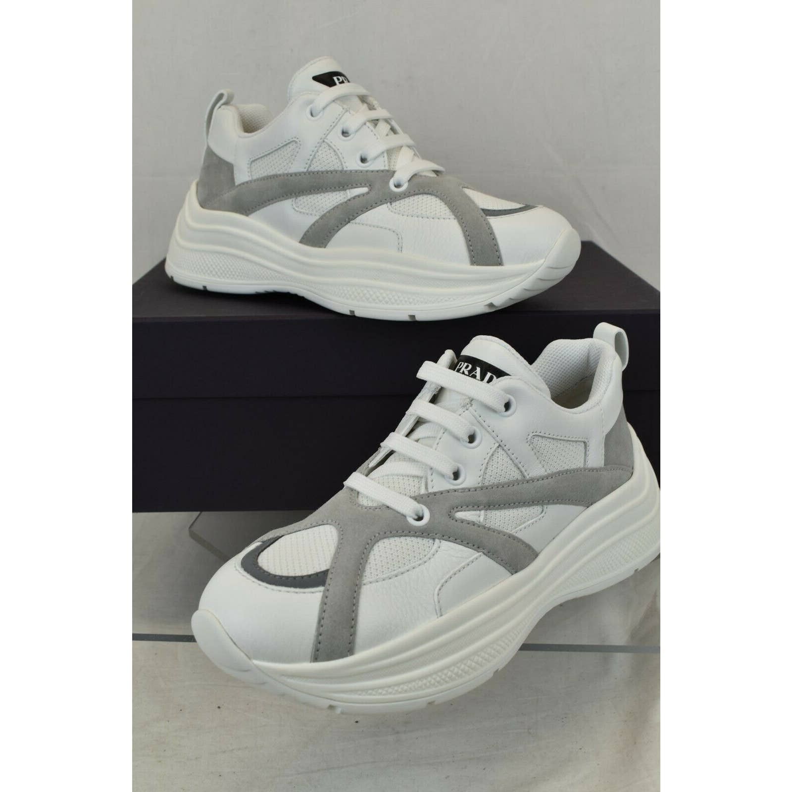 Prada 4E3490 WHITE LEATHER GRAY SUEDE MESH PLATFORM SNEAKERS 8 Size US 9 / EU 42 - 1 Thumbnail
