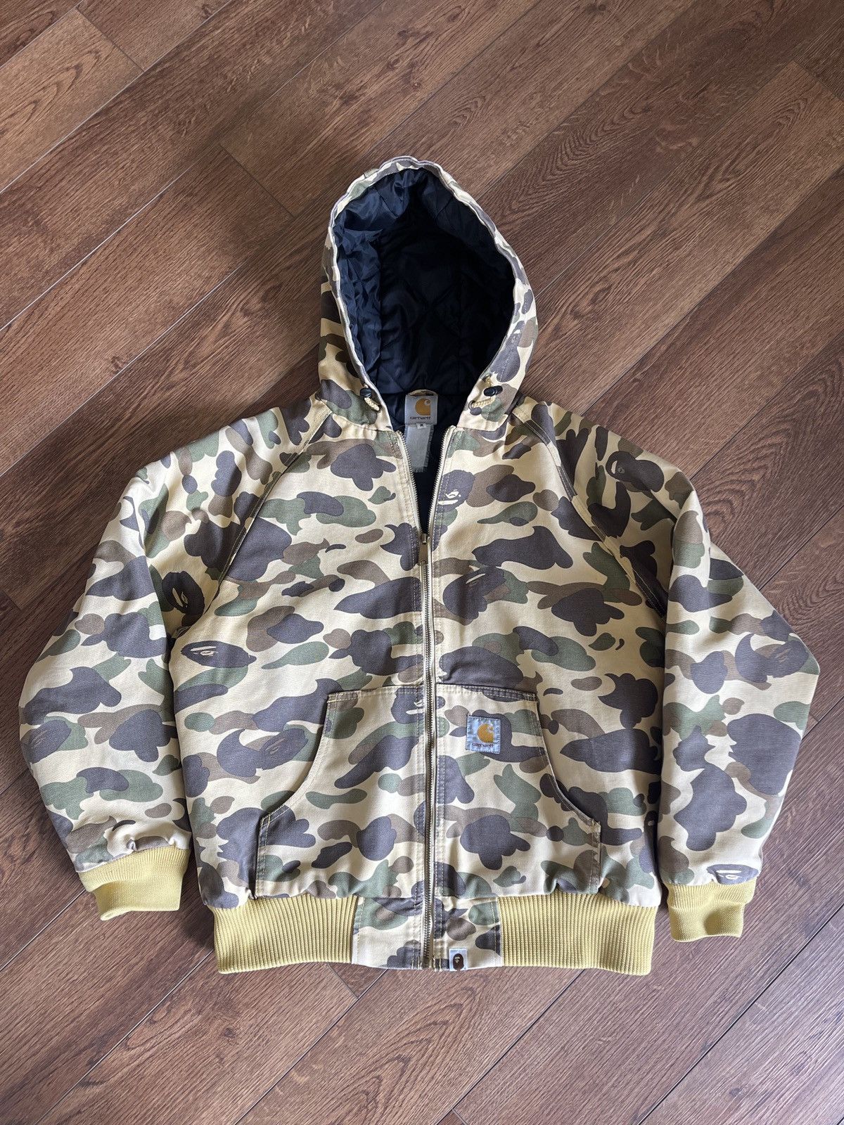 image of Vintage Bape x Carhartt Zip Hoodie Camo Jacket - M in Yellow, Men's (Size Medium)