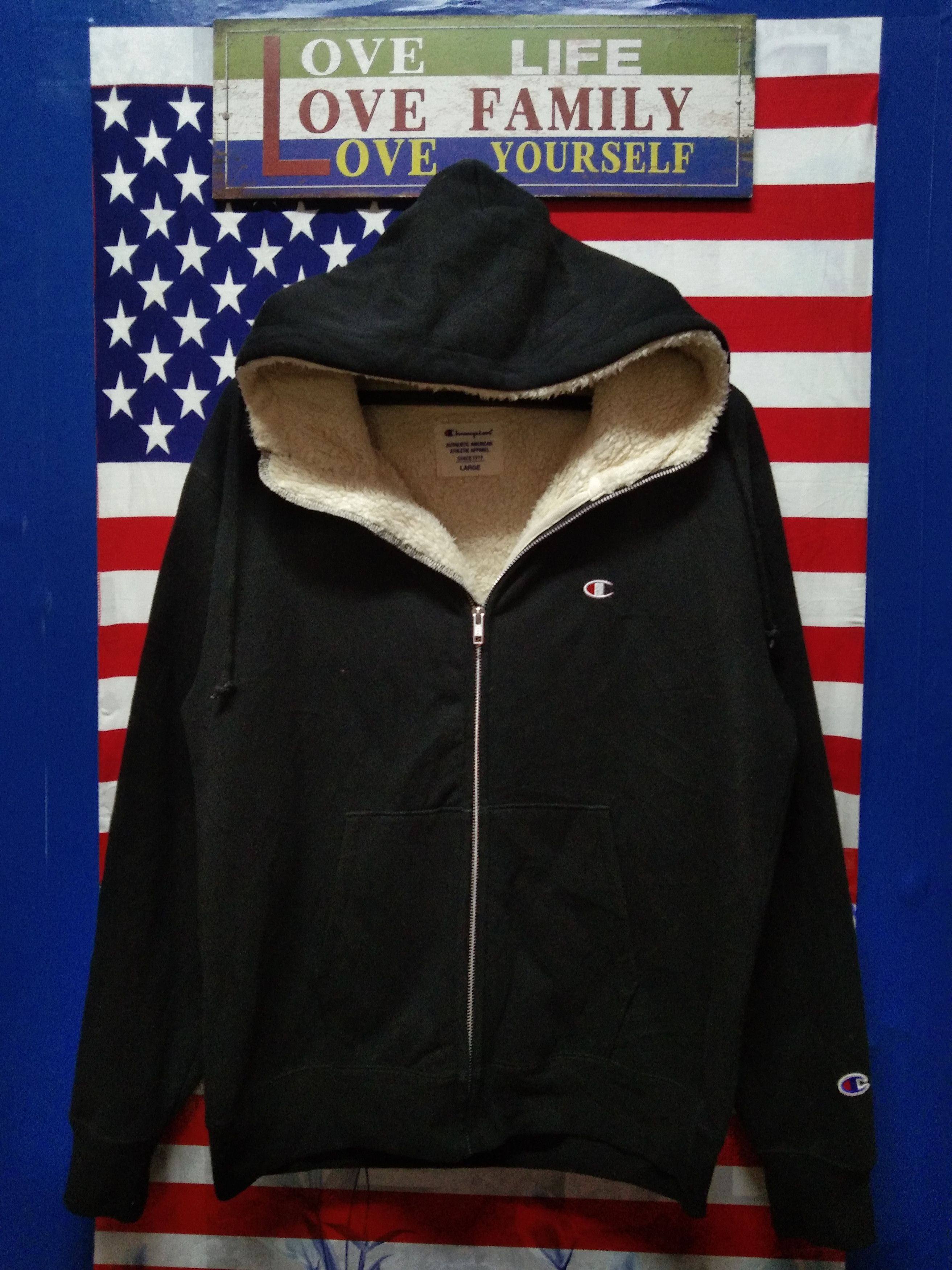 image of Winter Champion Hoodie Sherpa Jacketa in Black, Men's (Size Large)