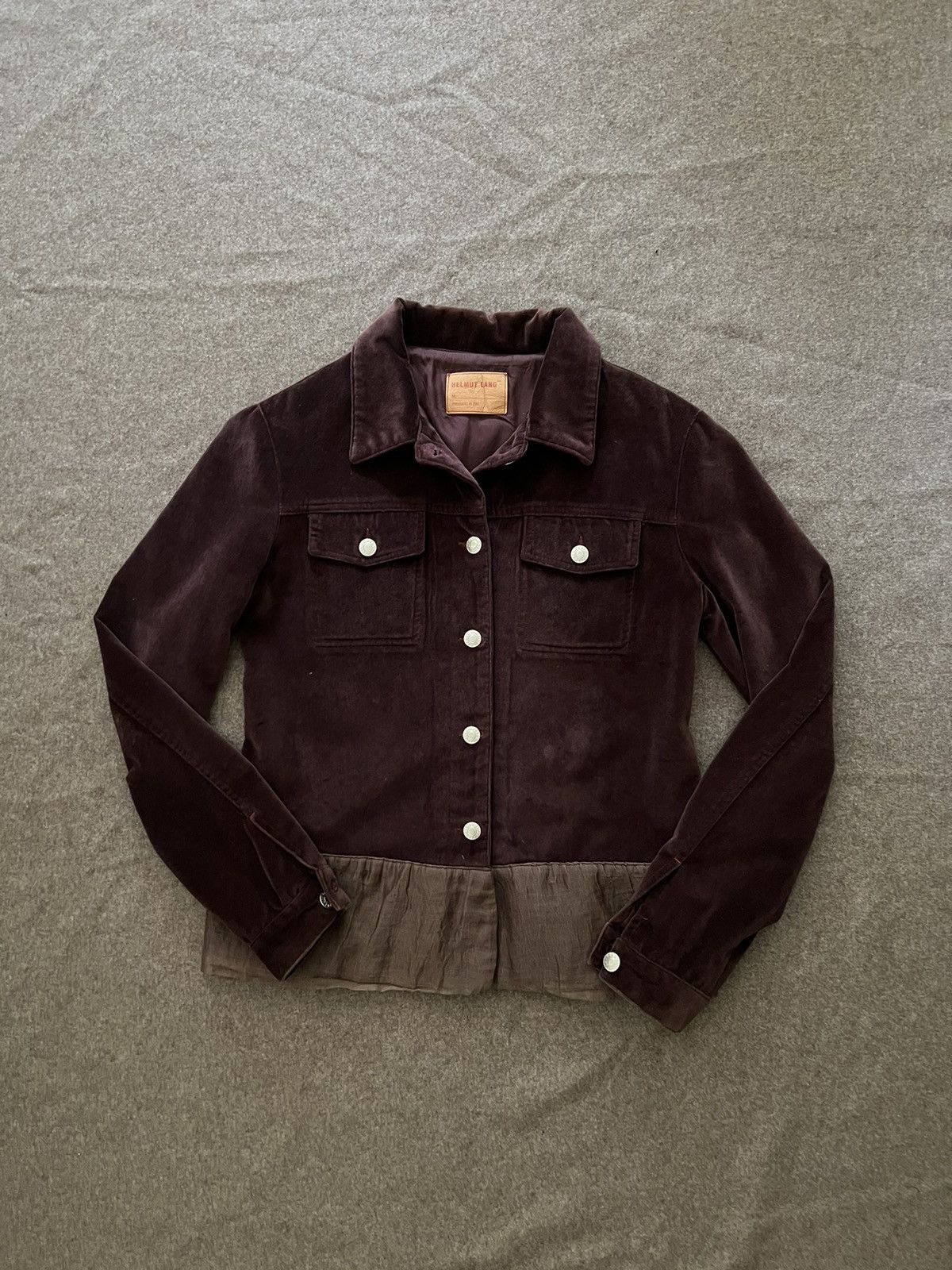 image of Helmut Lang 1997 Velvet Trucker Jacket in Burgundy, Men's (Size Small)