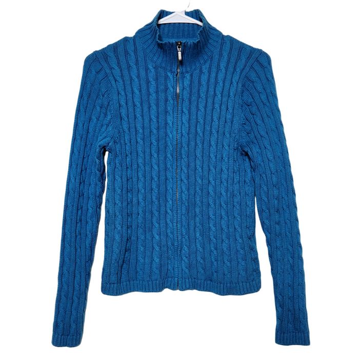 Vintage LL Bean Womens S Cable Knit Sweater 100 Cotton Full Zip Blue