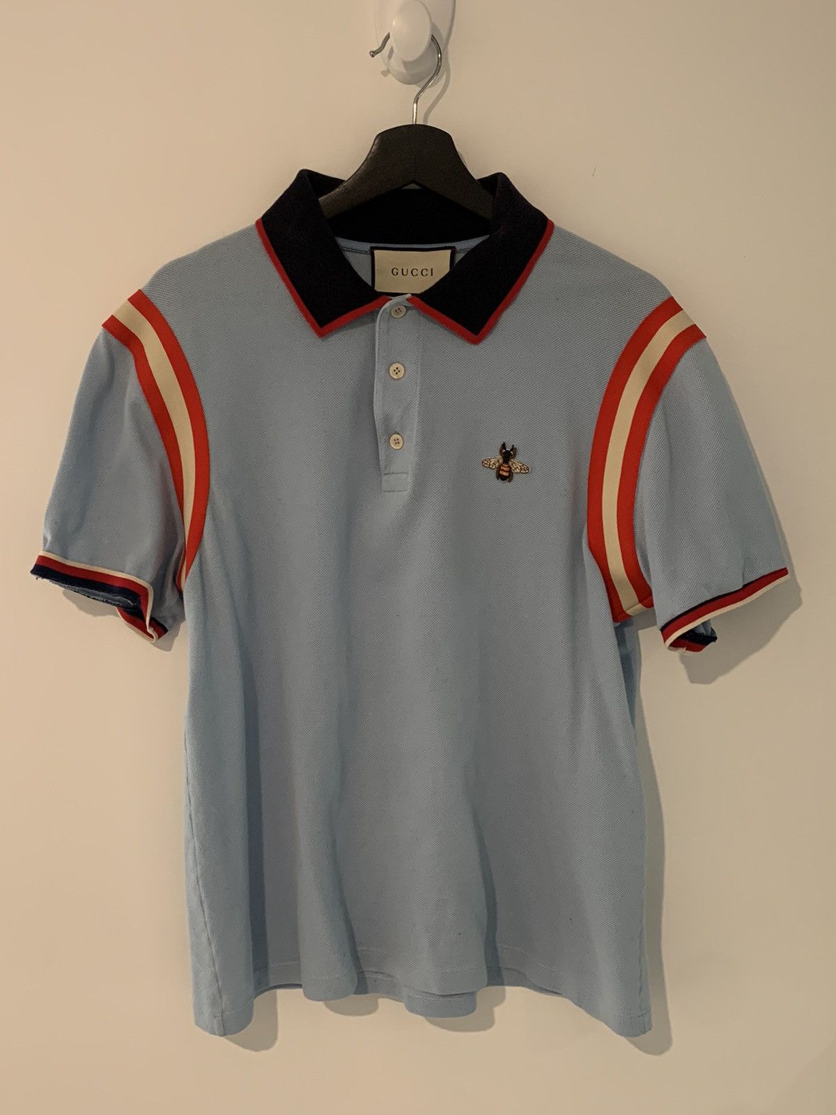 image of Gucci Classic Striped Bee Polo Blue/red, Men's (Size 2XL)