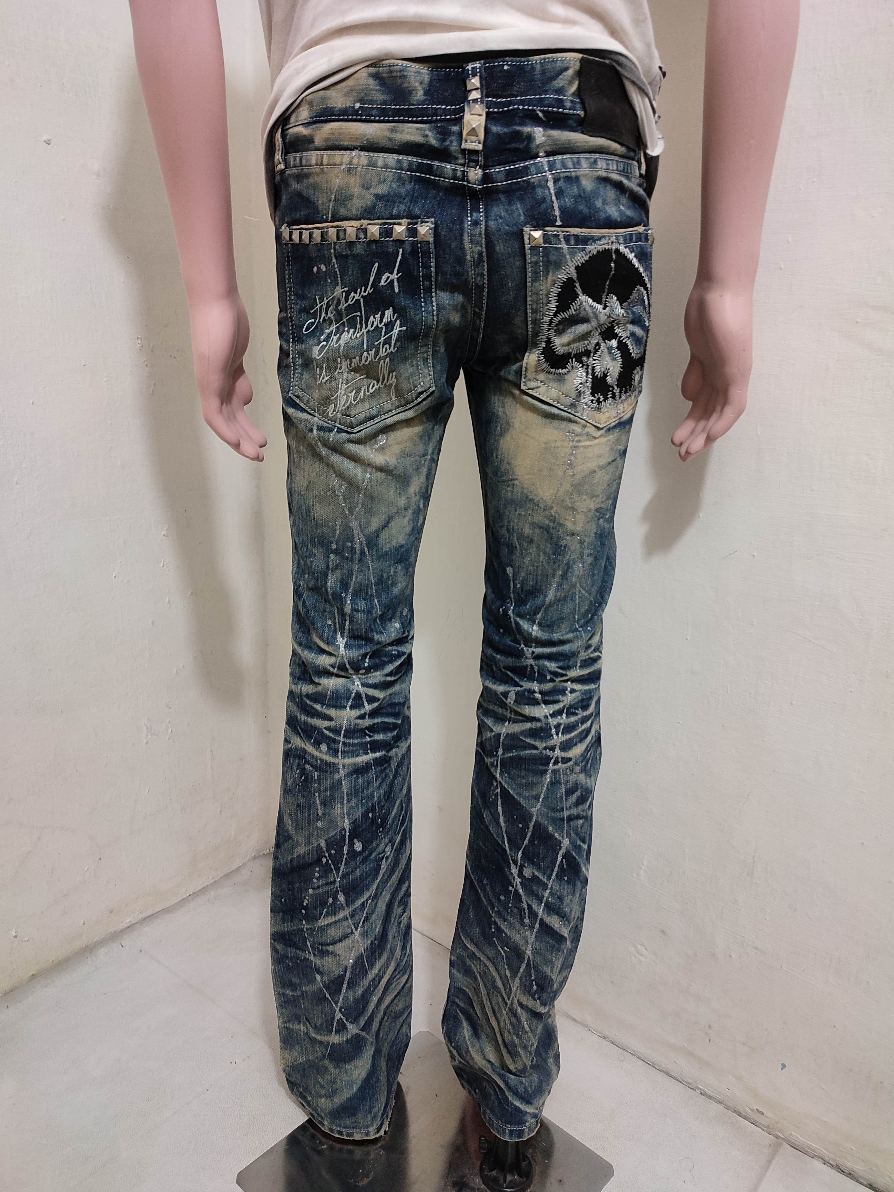 Japanese Brand 🔥XFRM Japan Acid Wash Jeans Skull Pants Painted Flared Size US 29 - 1 Thumbnail