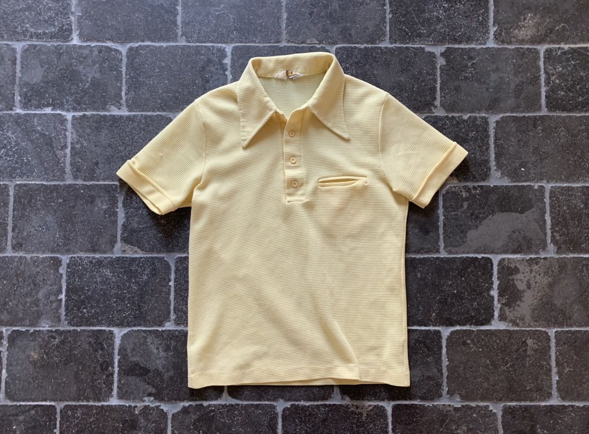 Pre-owned Made In Canada X Vintage 1970s Vintage Yellow Waffle Short Sleeve Polo Shirt S-m Prep (size Small)