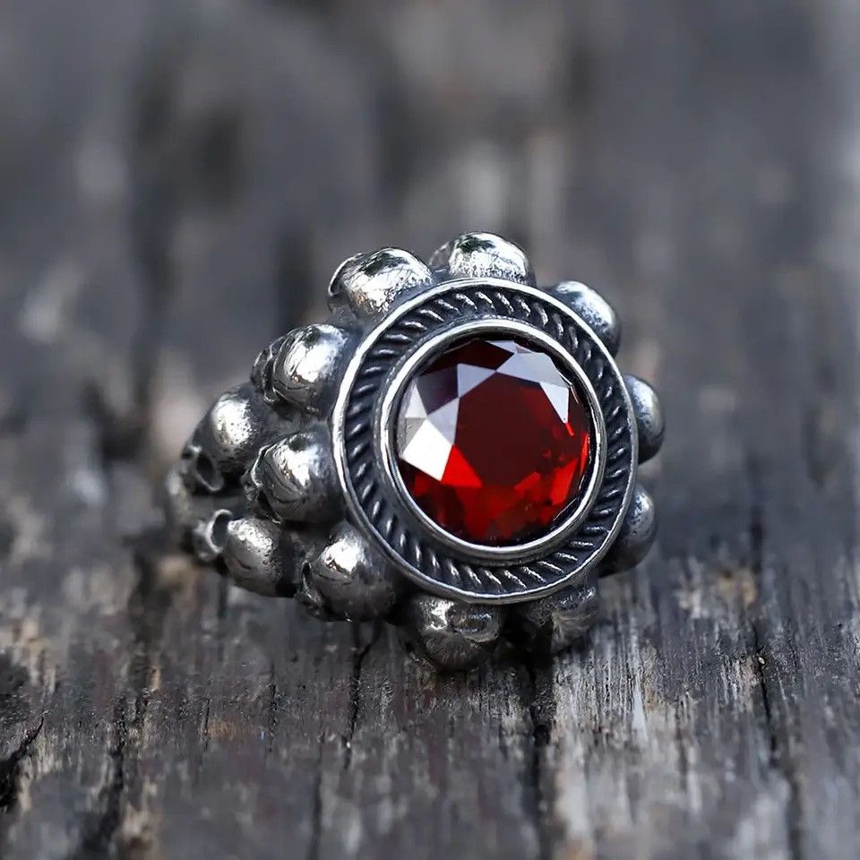 Jewelry Skull Head witth Red Zircon Ring Size ONE SIZE - 2 Thumbnail