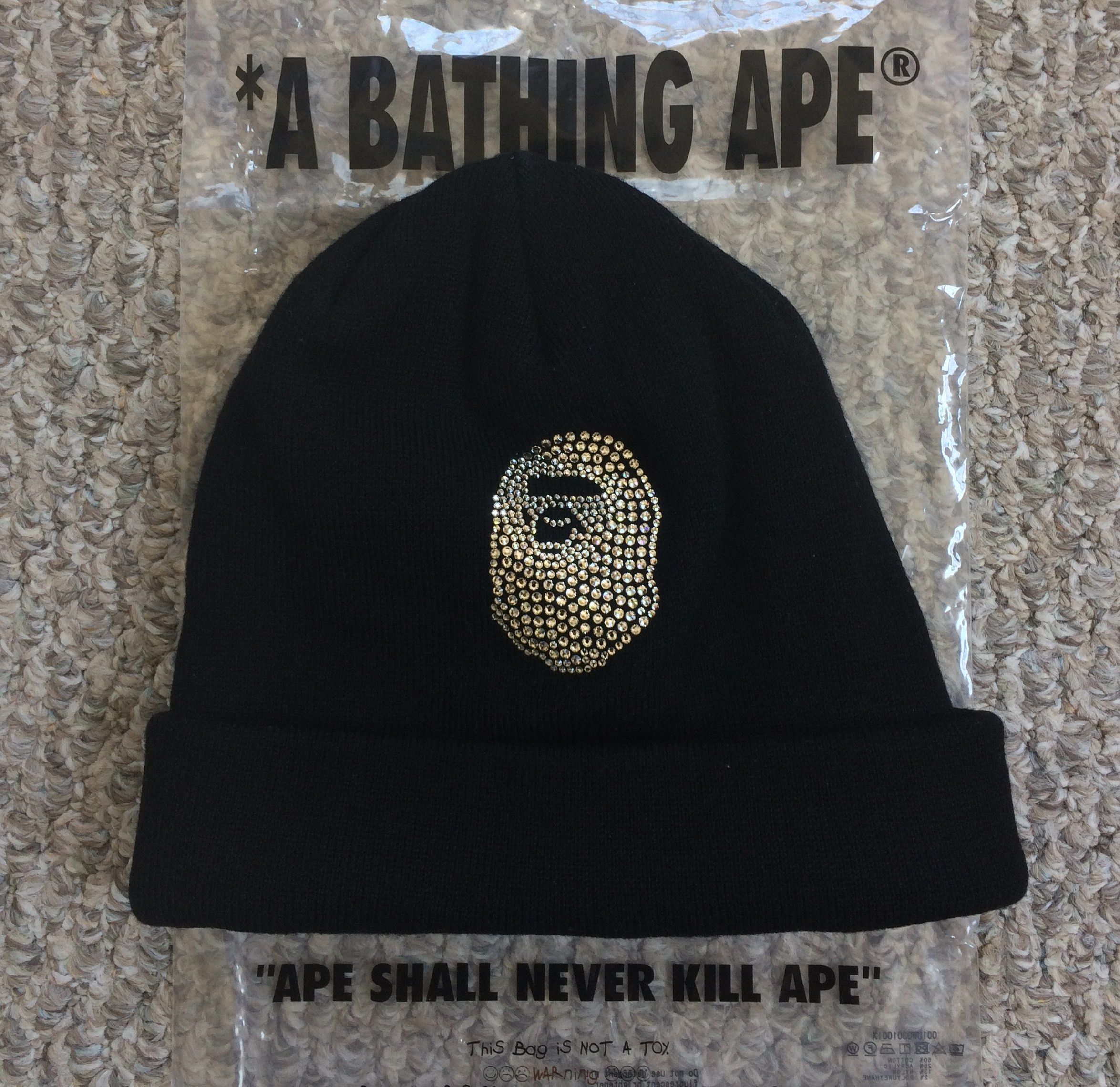 image of Bape Ape Head Swarovski Beanie in Black, Men's