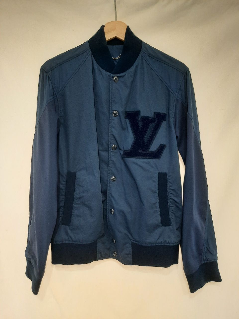 image of Louis Vuitton Ss11 Millionaire Logo Varsity Bomber Jacket in Navy Blue, Men's (Size Small)