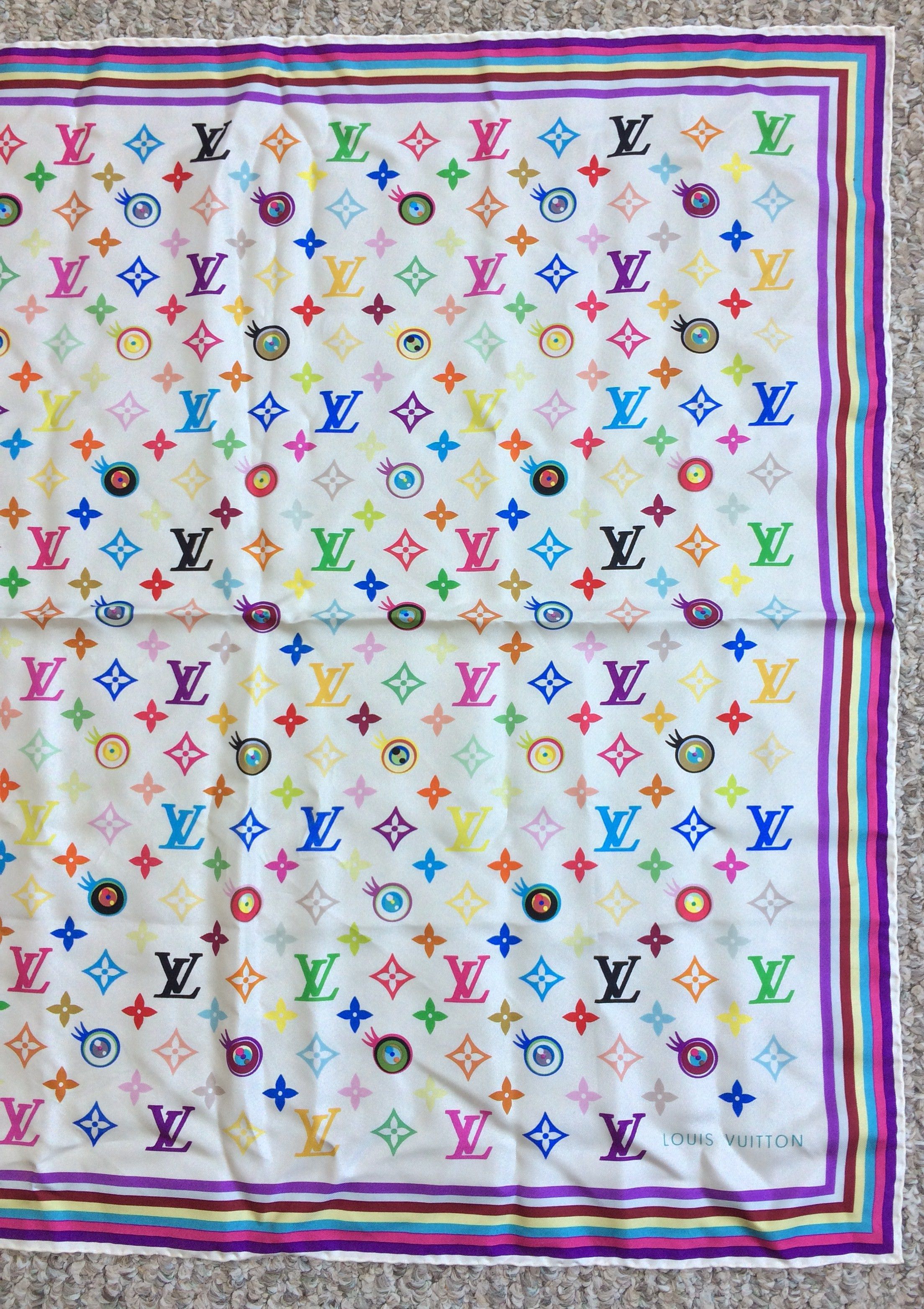 Louis Vuitton S/S 2003 Vuitton Murakami Multicolor Monogram Silk Scarf Size ONE SIZE - 3 Thumbnail