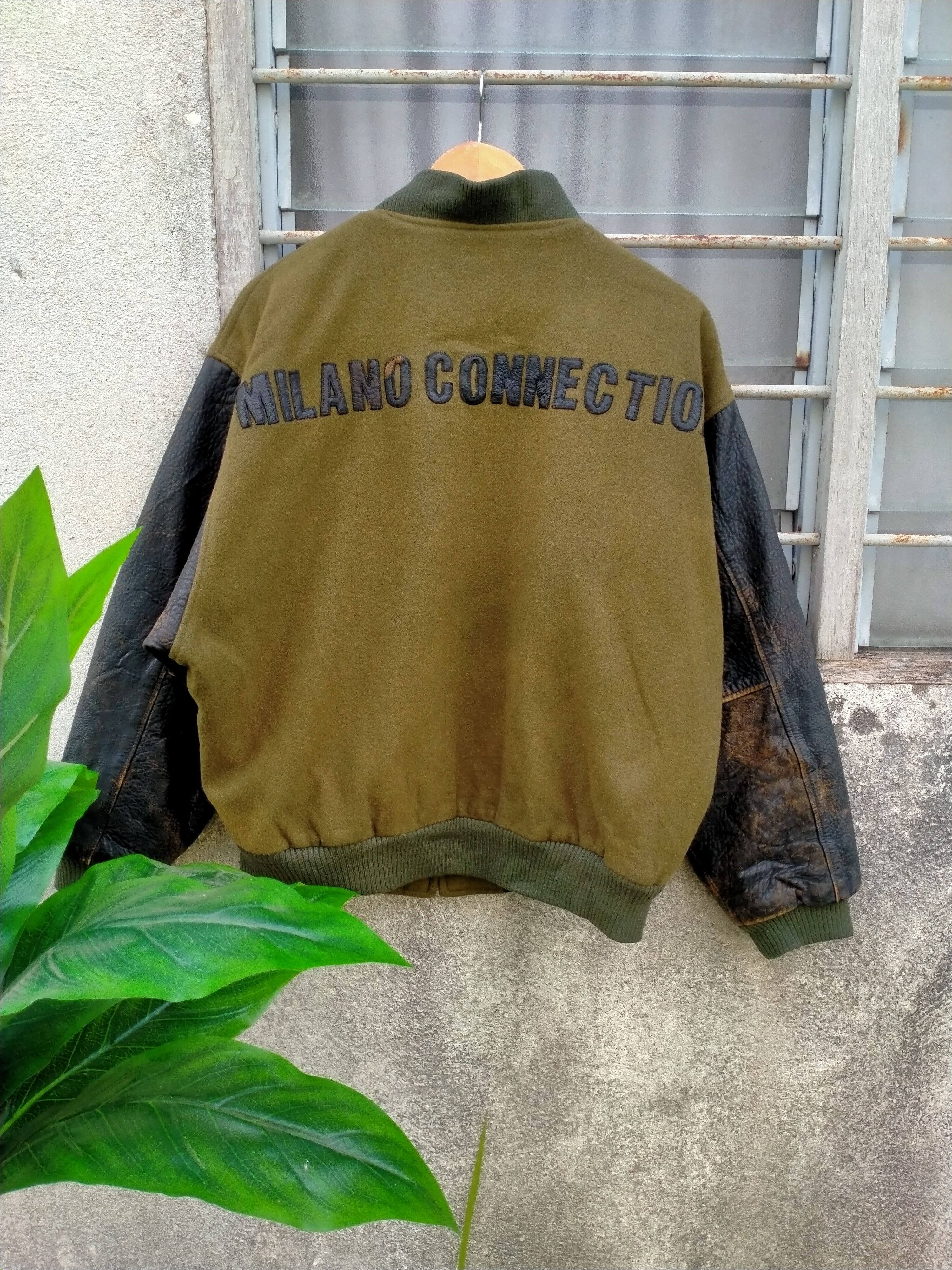 image of Milano Uomo x Varsity Jacket Steals Distressed Milano Connection Spellout in Olive Green (Size Medi