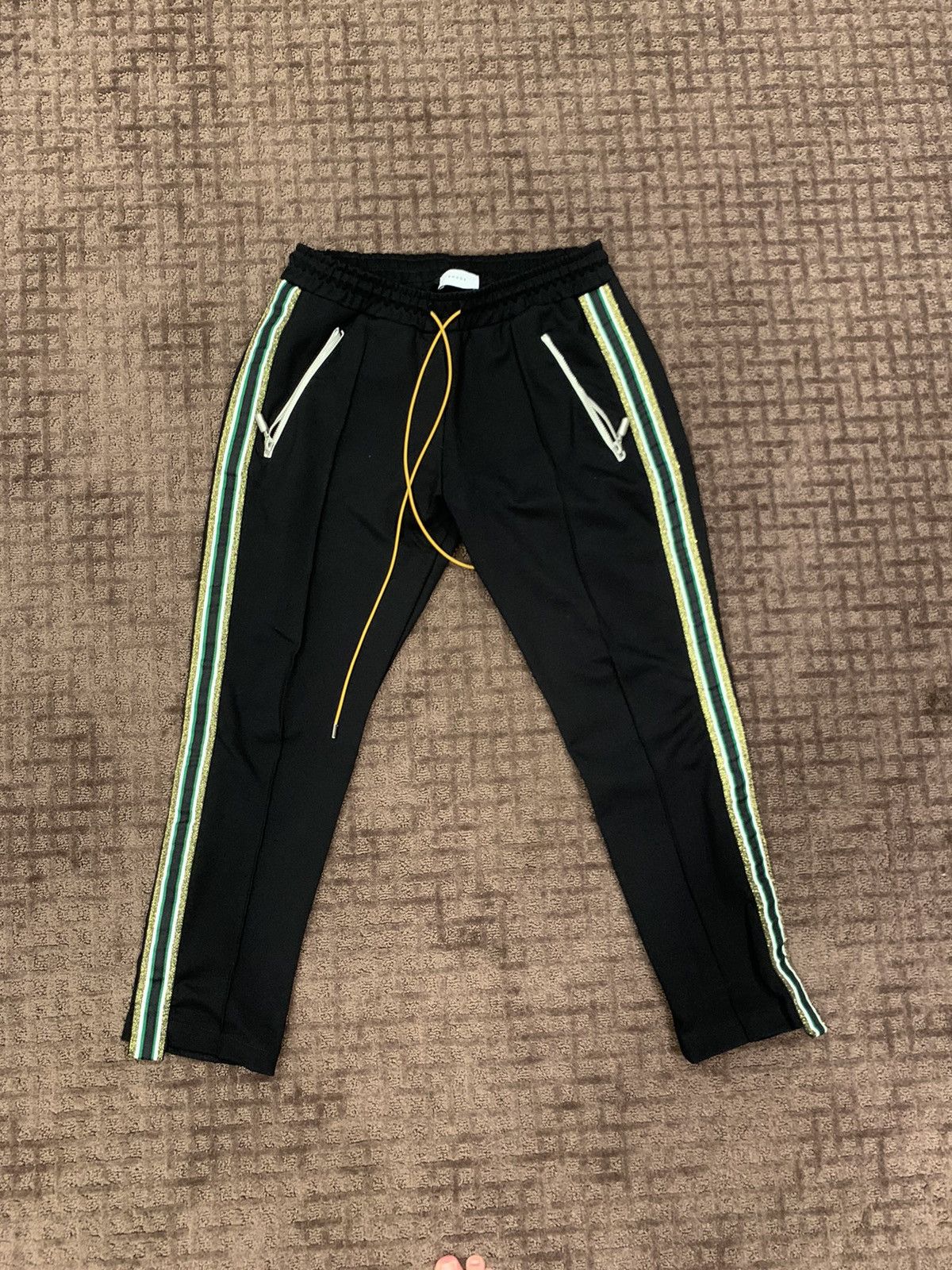 Rhude black tuxedo pants green stripe
