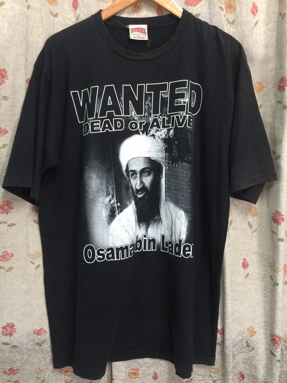 image of Rap Tees x Vintage Bootleg "wanted Dead Or Alive" Osama Michael Tag in Black, Men's (Size XL)
