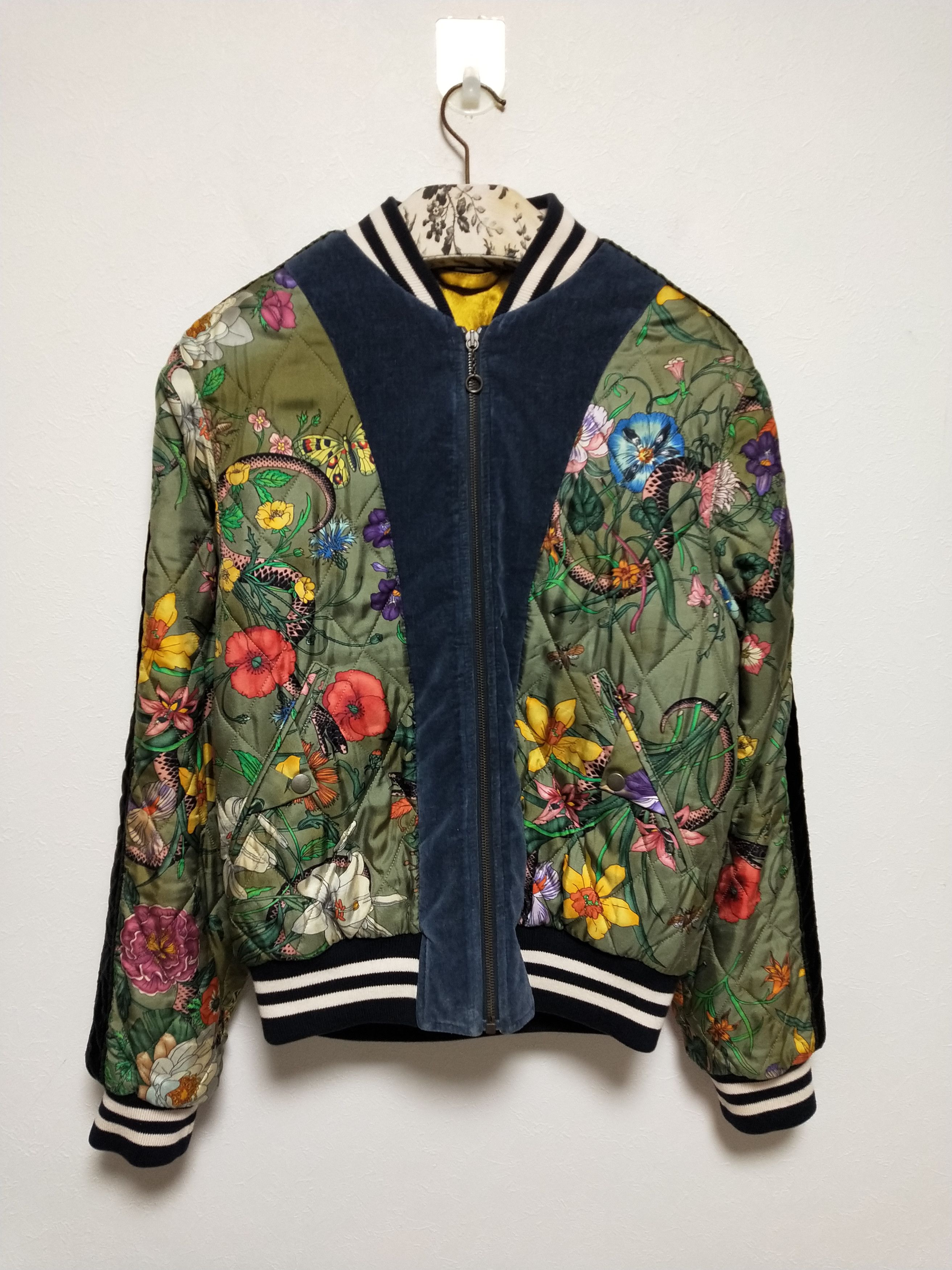 image of Gucci Flora Snake Silk Bomber Jacket in Khaki, Men's (Size Medium)
