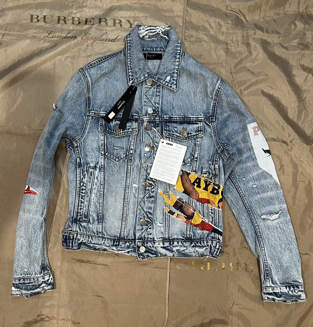 image of Amiri X Playboy Distressed-Finish Denim Jacket Size S $2800 in Blue, Men's