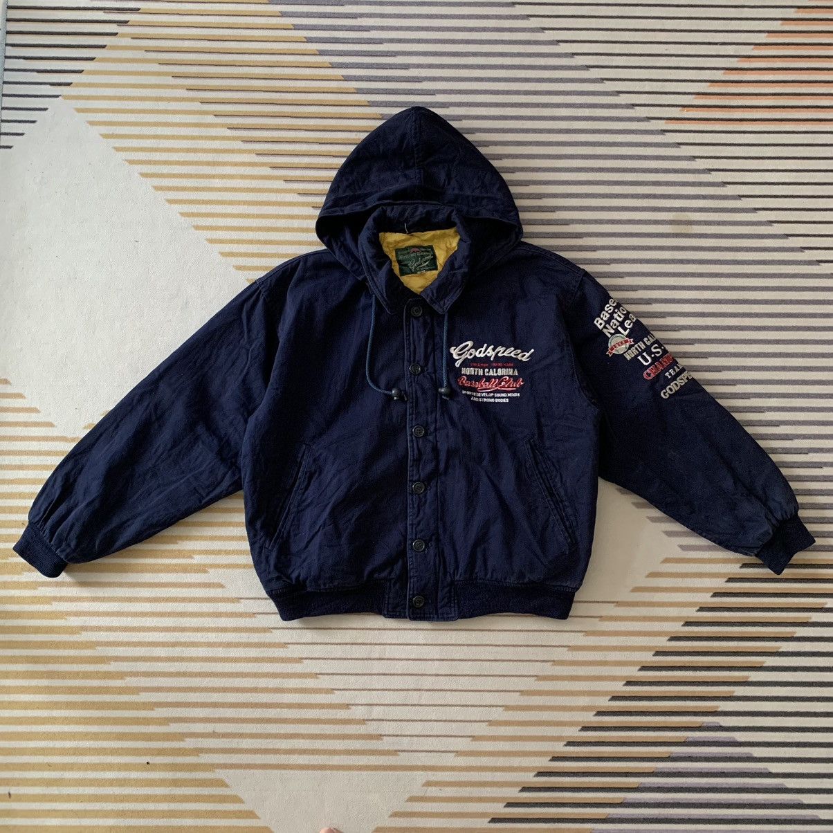 image of Vintage Godspeed Bomber Hoodie Jacket in Blue Black, Men's (Size Large)