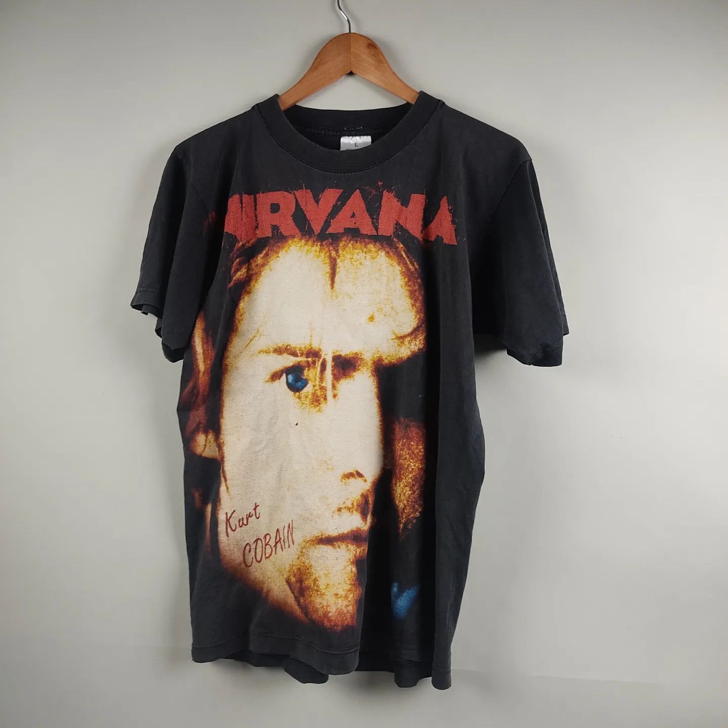 image of Band Tees x Nirvana 90's Nirvana Kurt Cobain Big Face in Black, Men's (Size Large)