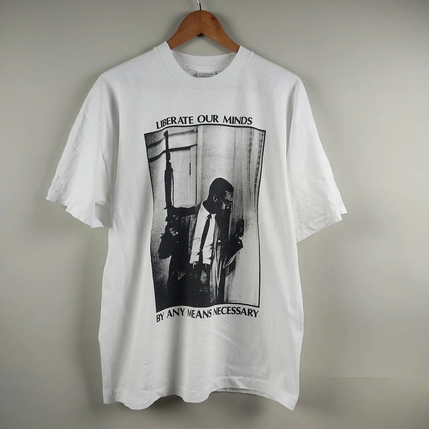 image of 90's Malcolm X Liberate Our Minds By Any Means Necessary in White, Men's (Size XL)