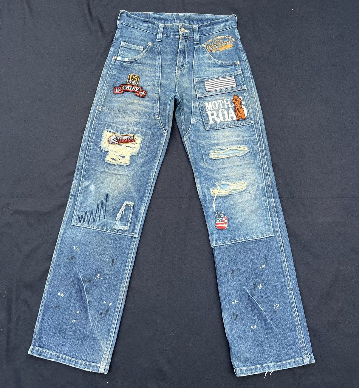 image of Distressed Denim Vintage Art Village Japan Patches Denim Double Painter Jeans, Men's (Size 30)