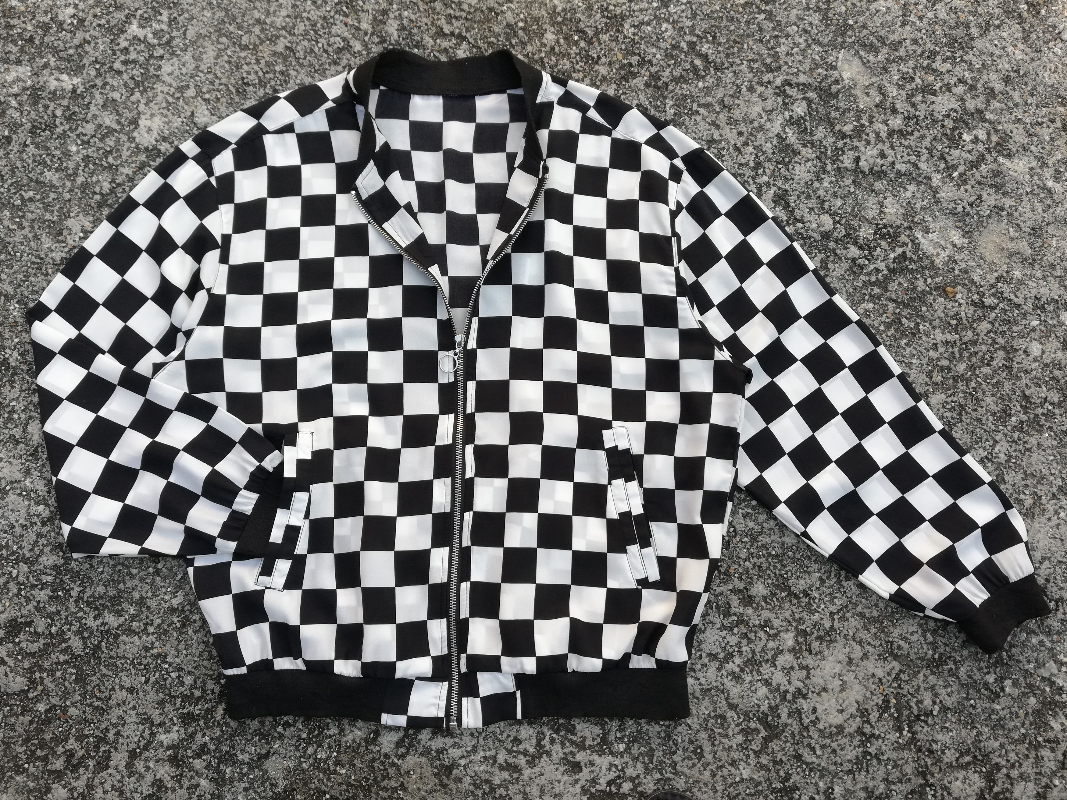 image of Art Comes First x Vintage Ragout Design Classic Checkered Bomber Zipper Jacket in Black/White (Size