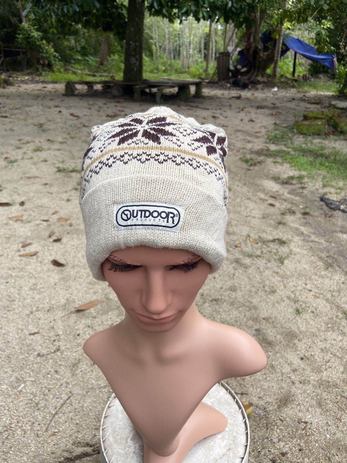 image of Outdoor Cap x Winter Session Outdoor Knitted Printed Beanie Hat in Cream, Men's