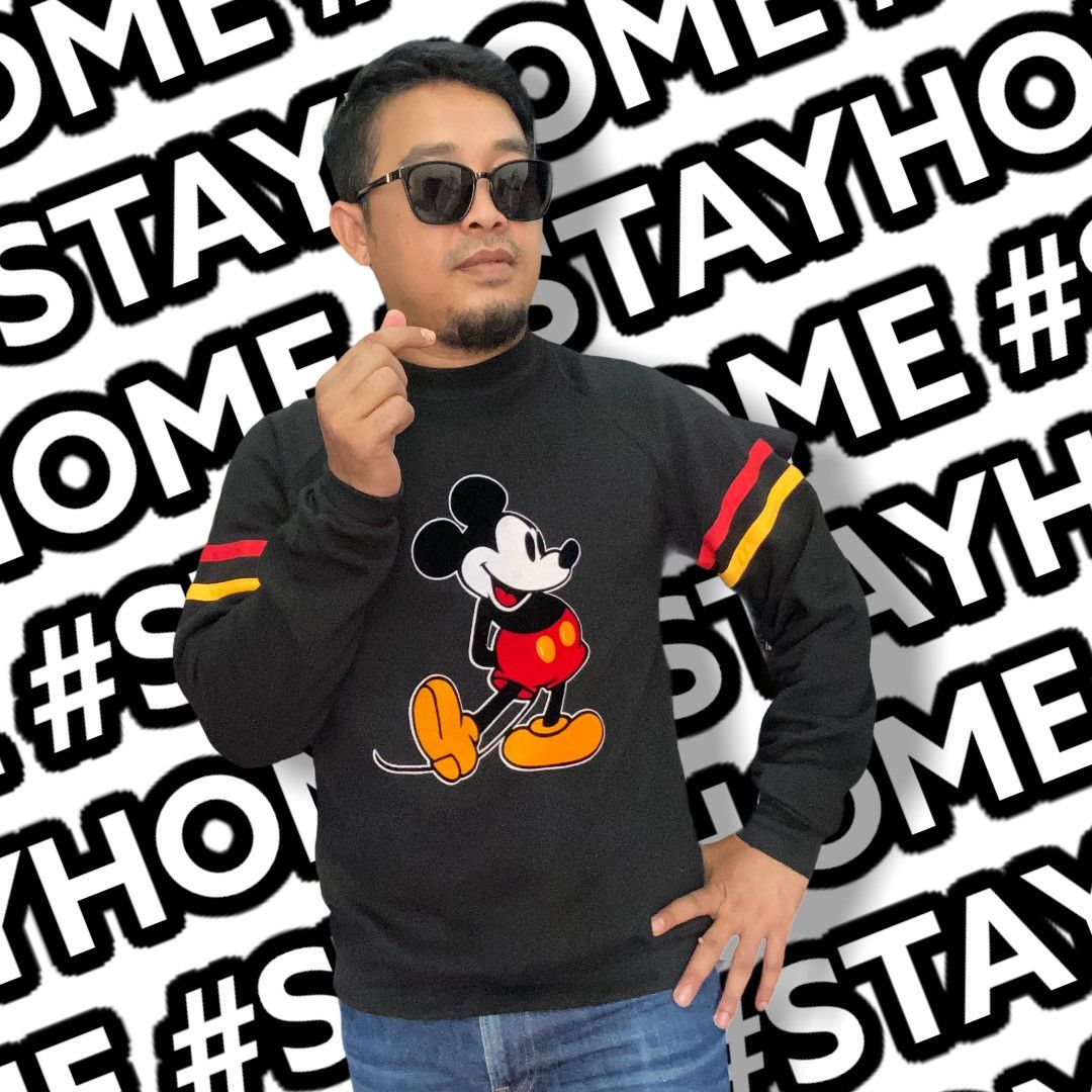 image of 80's Mickey Mouse Flocked Print Disney Sweatshirt in Black, Men's (Size Small)