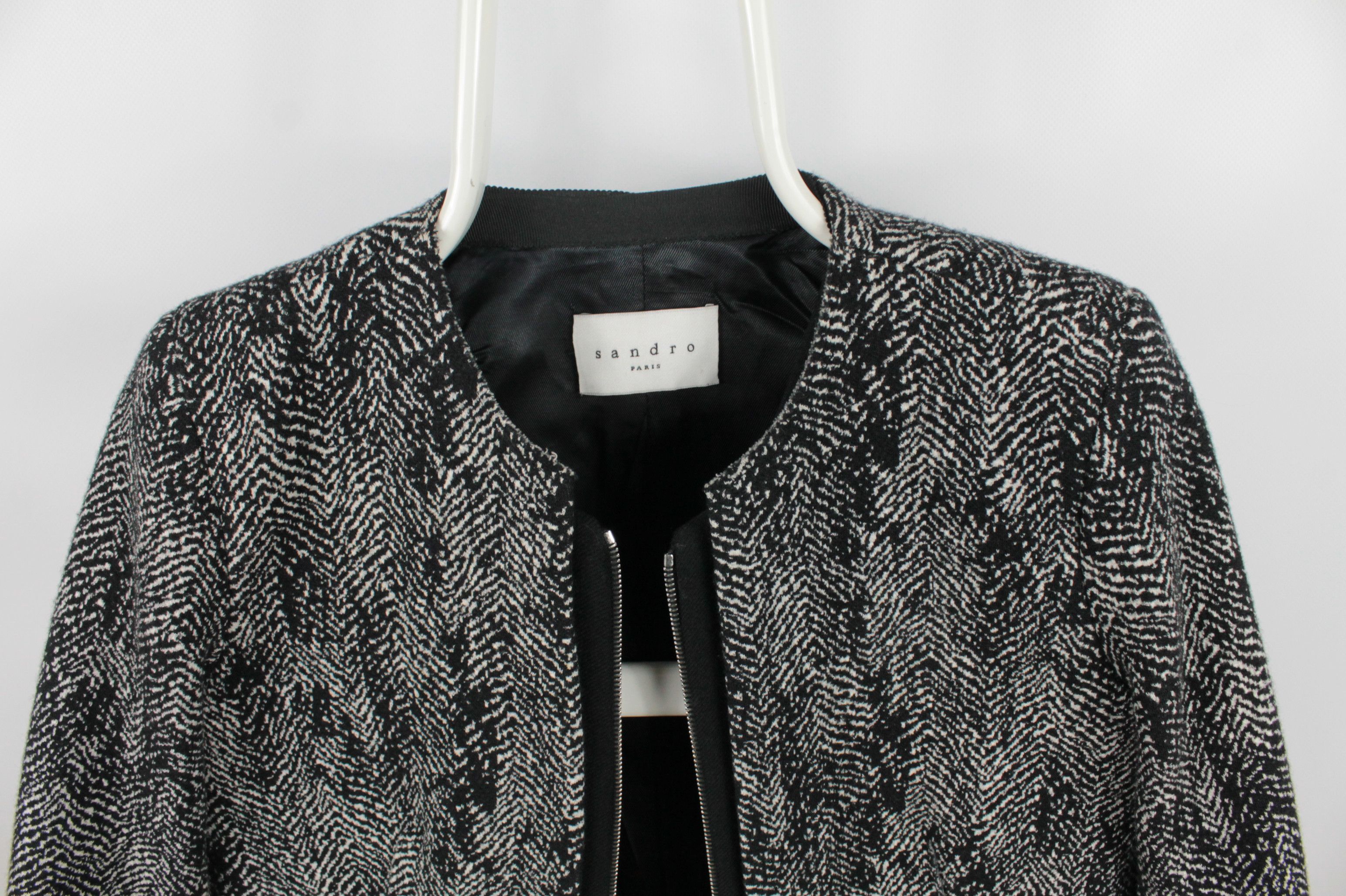 Designer × Sandro Sandro Paris Black White Full Zip Wool Cotton Jacket Size XS / US 0-2 / IT 36-38 - 6 Thumbnail