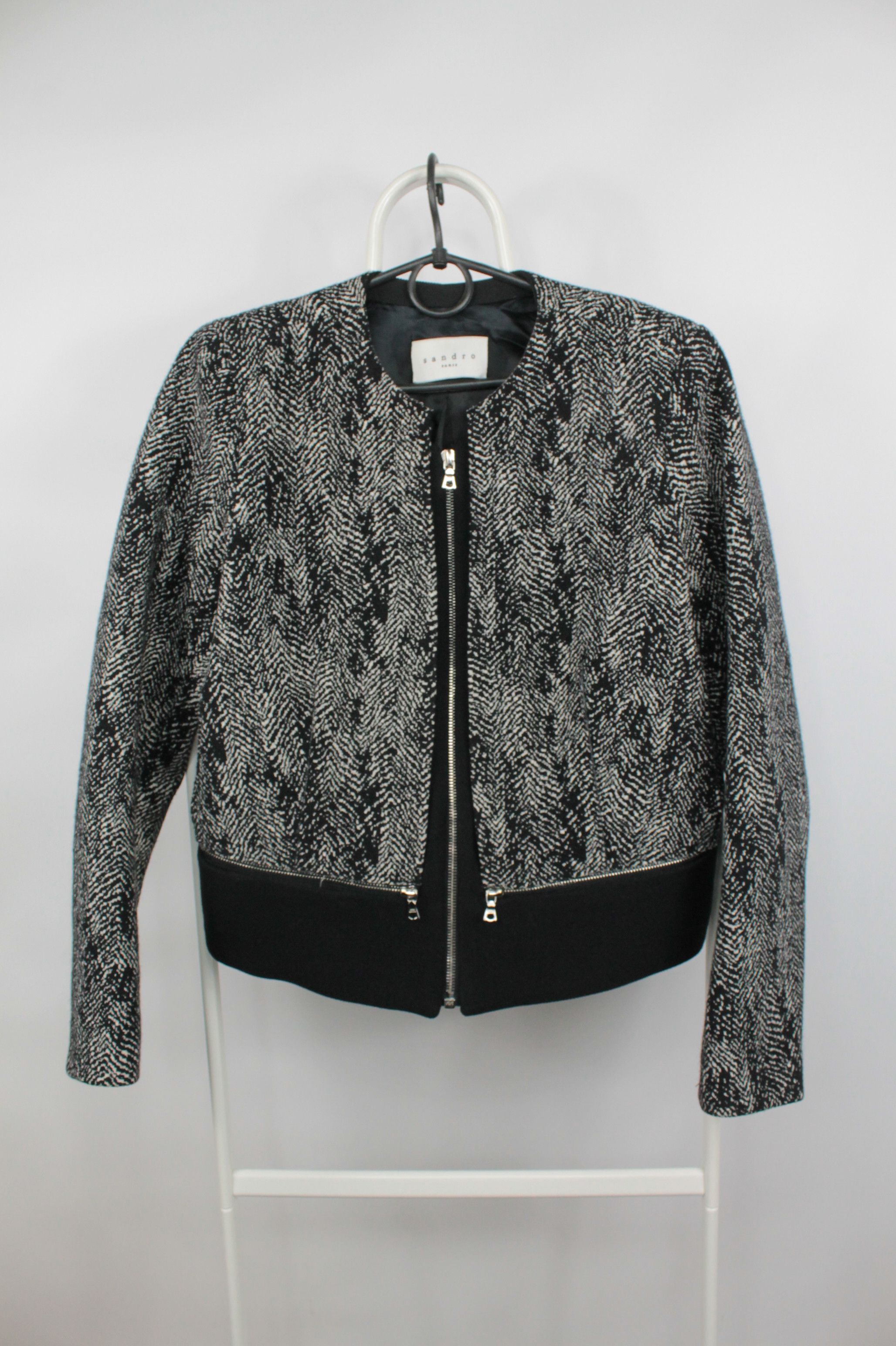 Designer × Sandro Sandro Paris Black White Full Zip Wool Cotton Jacket Size XS / US 0-2 / IT 36-38 - 4 Thumbnail