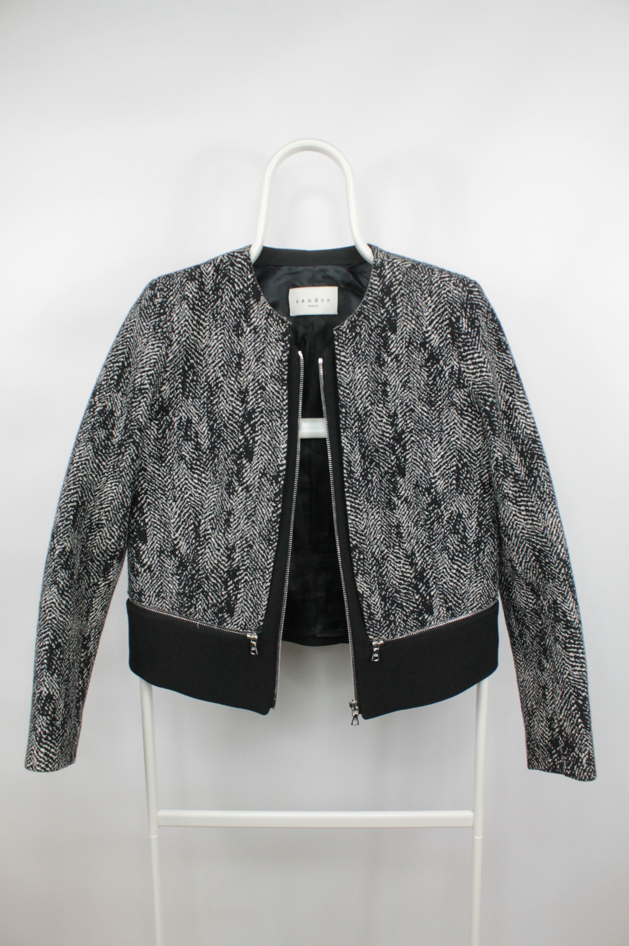 Designer × Sandro Sandro Paris Black White Full Zip Wool Cotton Jacket Size XS / US 0-2 / IT 36-38 - 5 Thumbnail