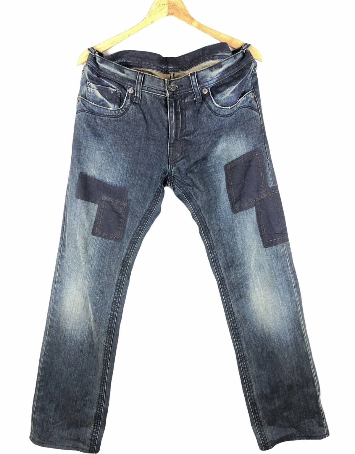 image of Vintage Difference Rupert Japanese Patchwork Indigo Sashiko Jeans in Denim, Men's (Size 34)