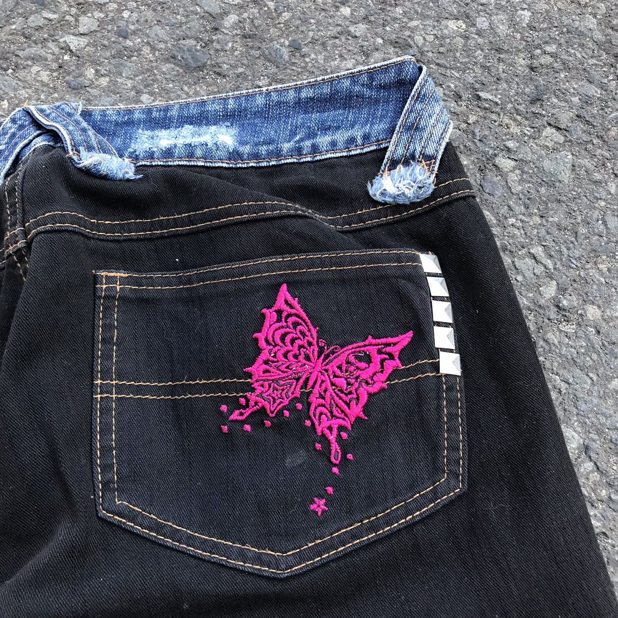 If Six Was Nine × Japanese Brand × Le Grande Bleu (L.G.B.) 2000s ALGONQUINS PUNK DISTRESSED FLARED JEANS PUNK LGB STYLE Size 29" - 13 Thumbnail