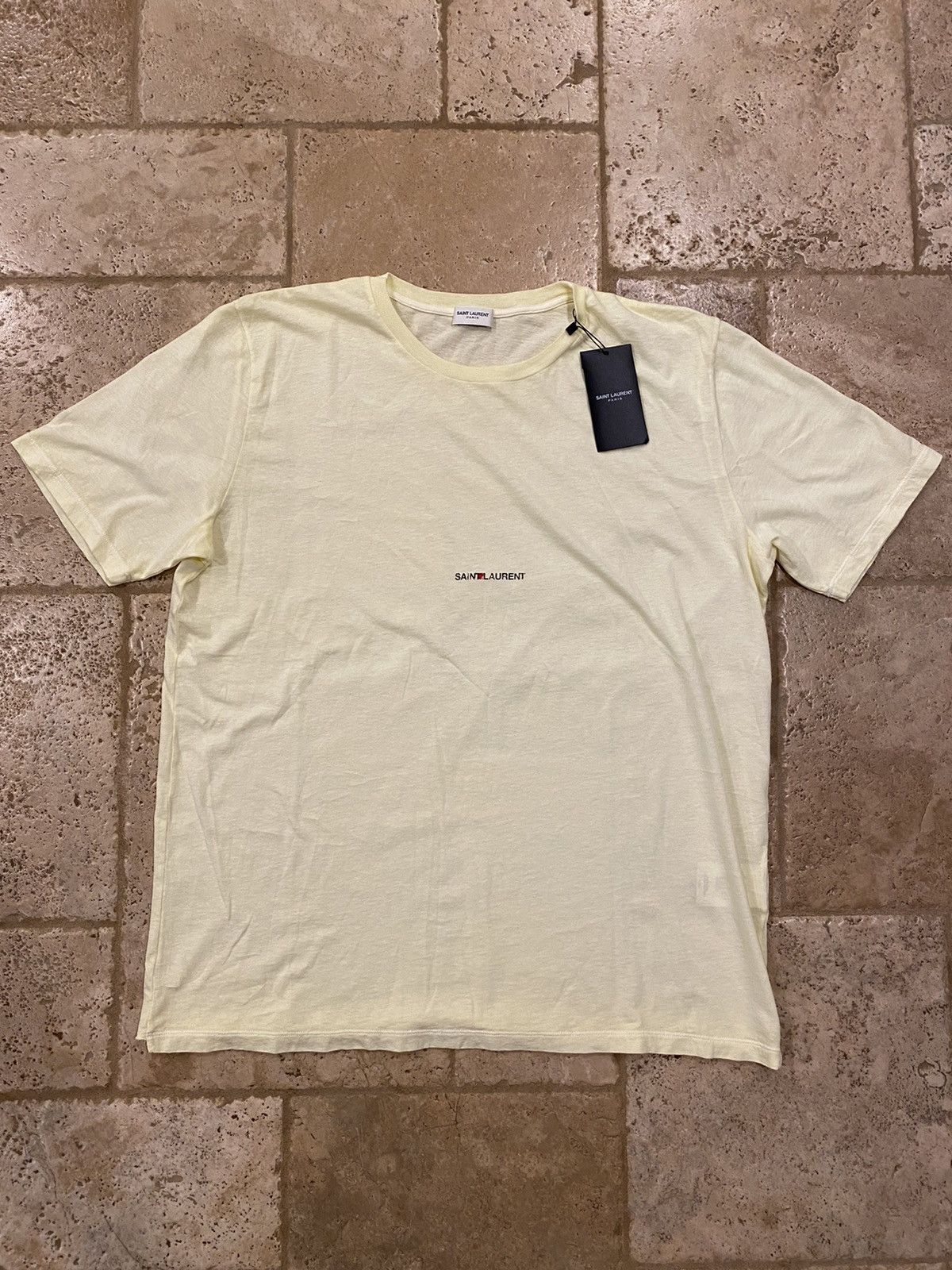 Saint Laurent Paris Saint Laurent Paris Rive Gauche Logo Tee Pale Yellow Rare Size US XL / EU 56 / 4 - 3 Thumbnail