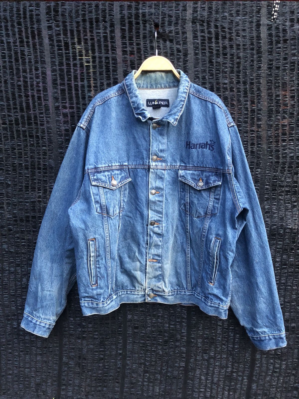 image of Biker Jeans x Denim Jacket Luna Pier Denim Jacket Distressed Faded Colour in Blue Denim (Size Large