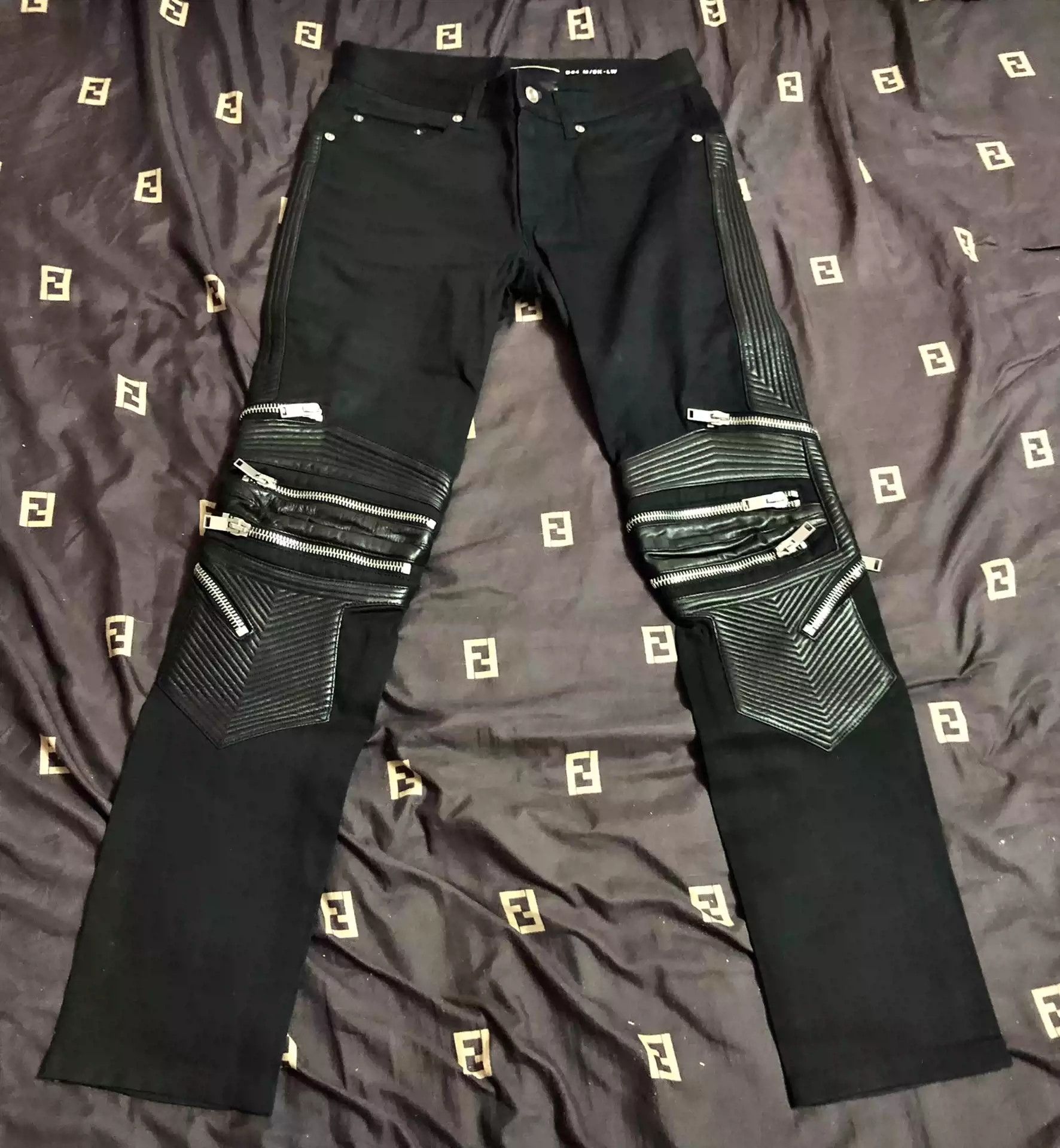 Pre-owned Saint Laurent Leather Patchwork Zip Biker Jeans In Black