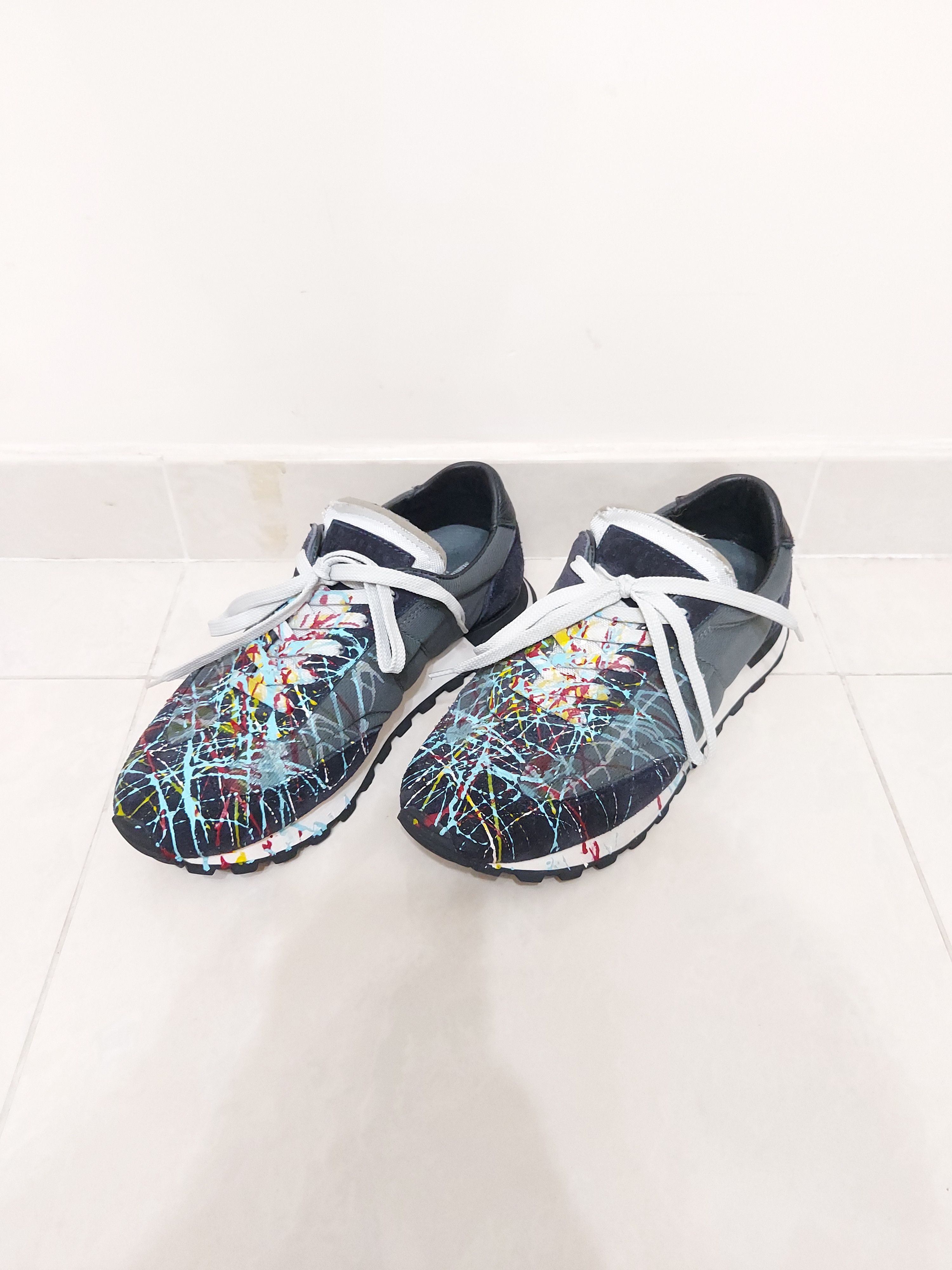 image of Maison Margiela Paint Splatter Retro Runner Replica Sneakers in Black Gray, Men's (Size 7)