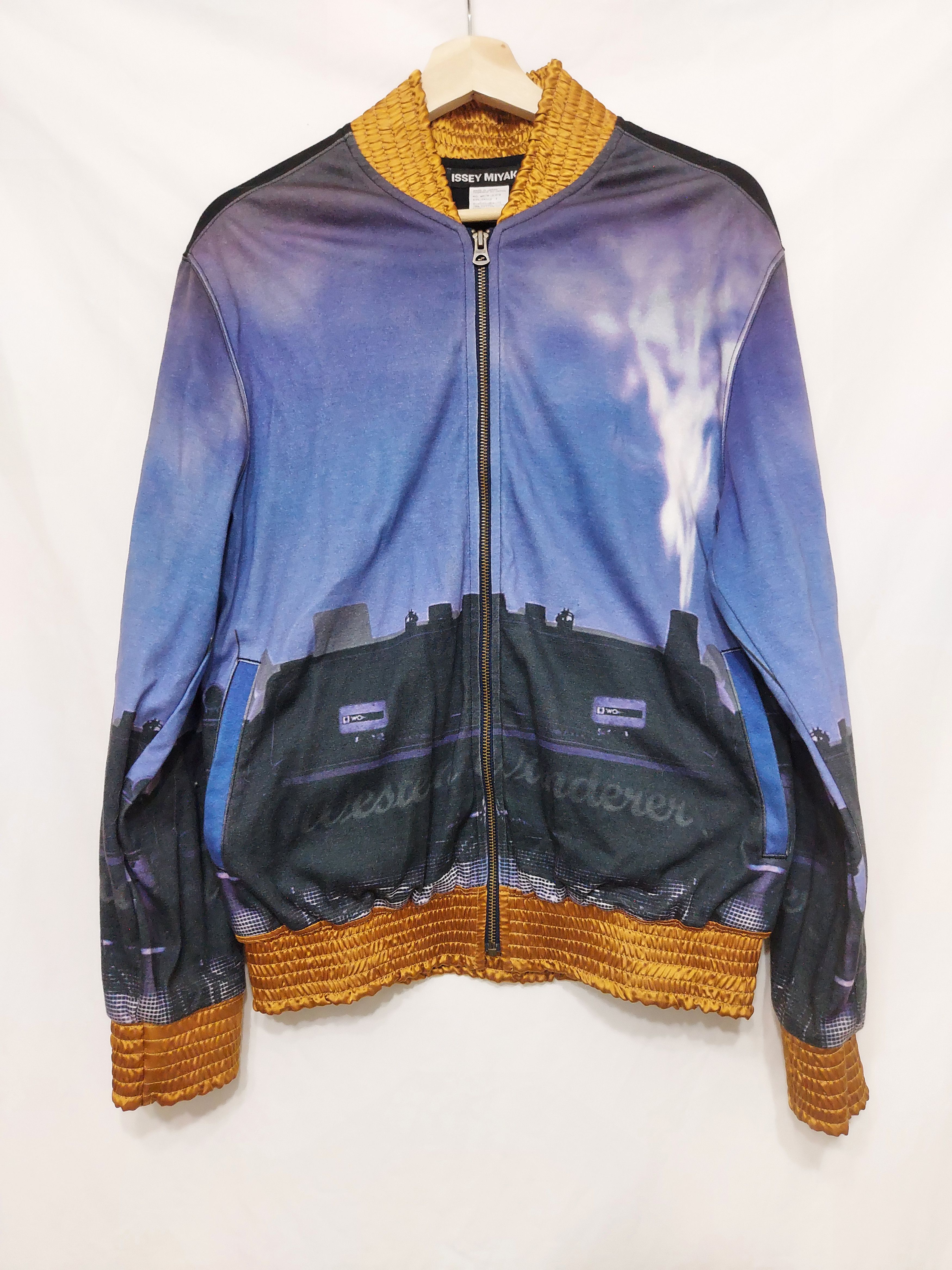 image of Issey Miyake Ss17 Western Wanderer House Chimney Train Print Bomber in Black Purple Blue Orange (Si