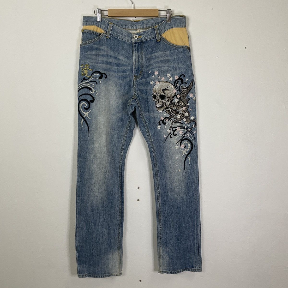 Japanese Brand Vintage Namitatsu Embroidery Skulls Denim Jeans Size US 35 - 1 Thumbnail