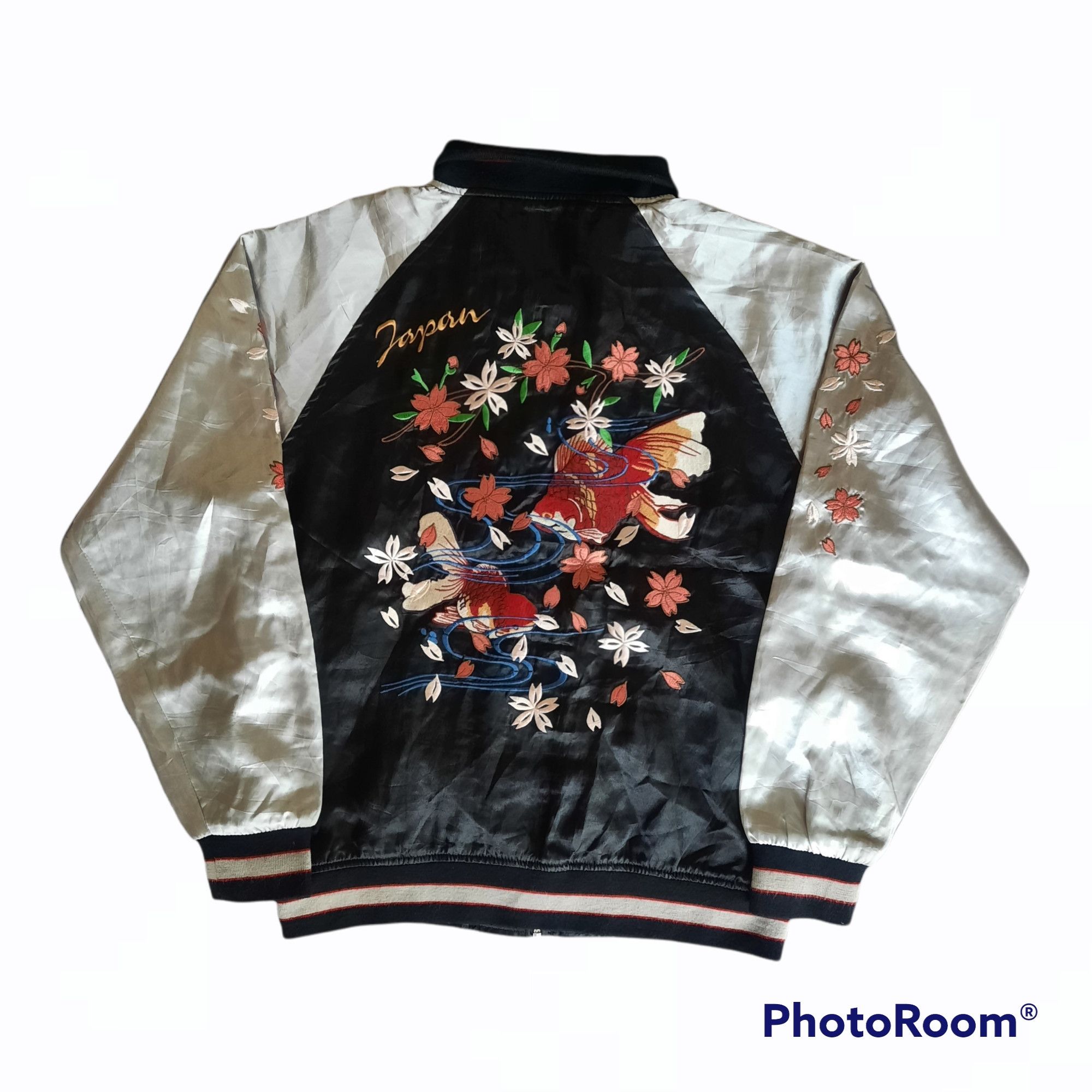image of Sukajan Souvenir Jacket Vintage Japanese Traditional Gold Fish Sukajan Jacket, Men's (Size Medium)