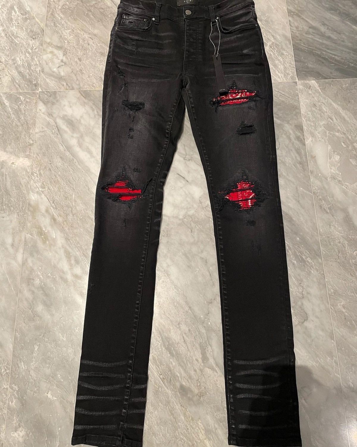 image of Amiri Workshop Antique Black Red Bandana Mx1 Jeans, Men's (Size 34)