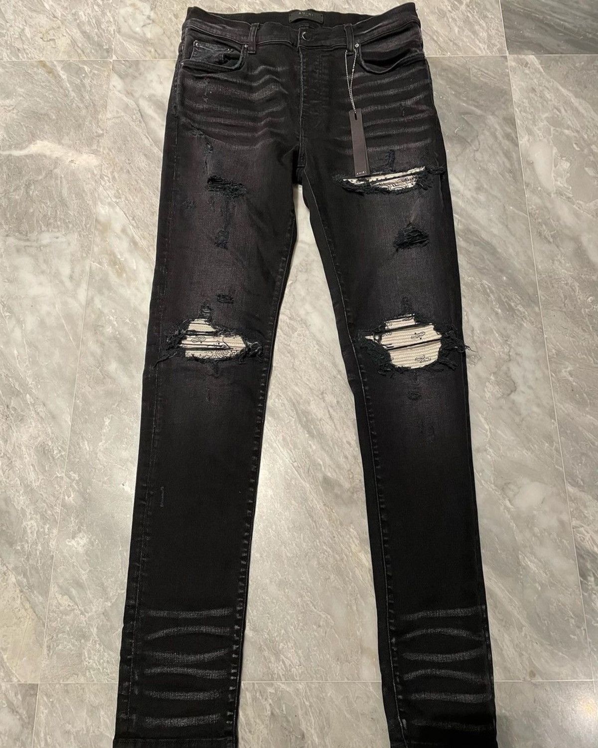 image of Amiri Workshop Antique Black White Bandana Mx1 Jeans, Men's (Size 33)