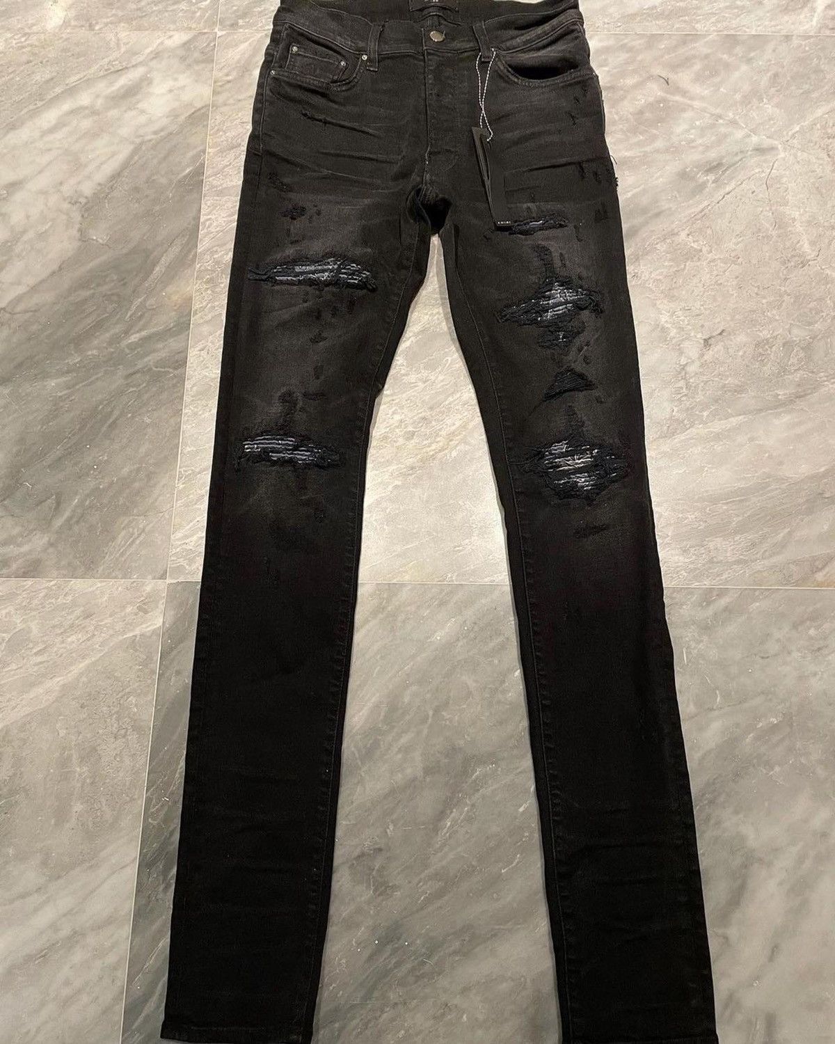 image of 30/38 Amiri Workshop Antique Black Blue Bandana Mx1 Jeans, Men's