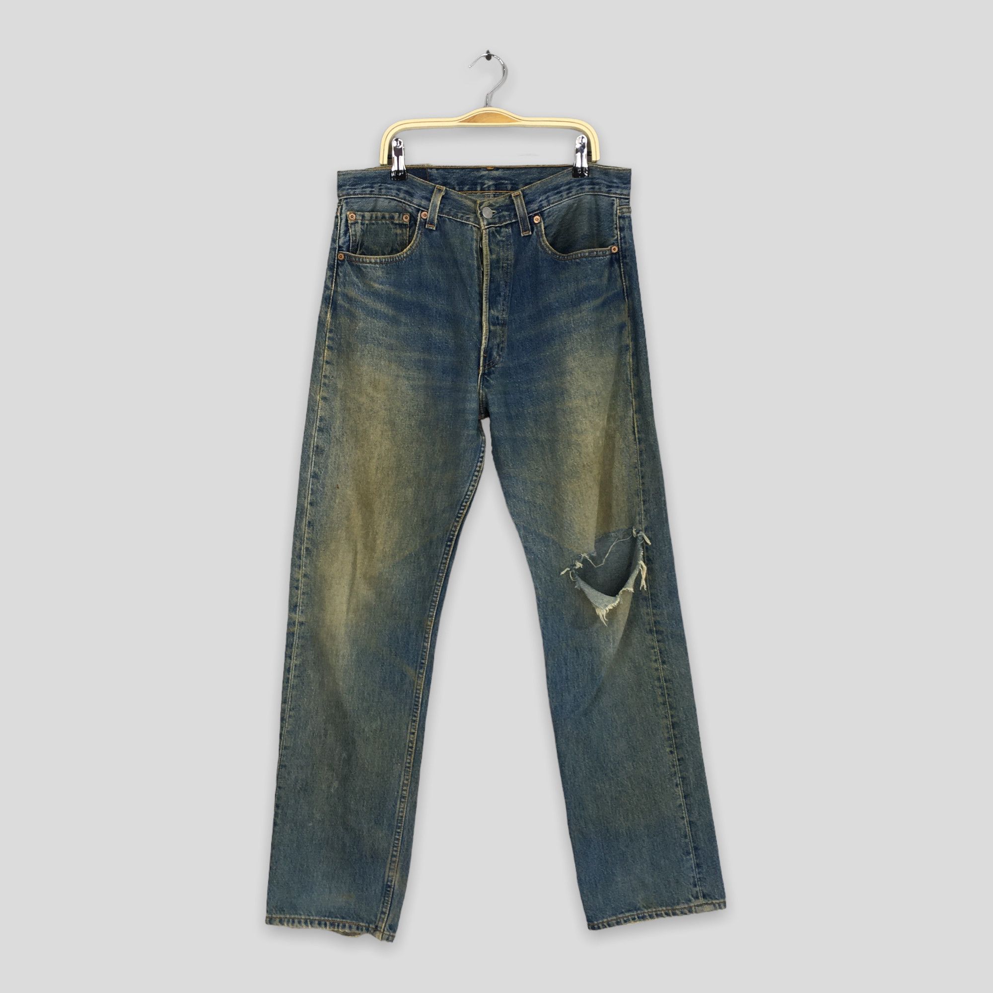 image of Distressed Denim x Levis Size 31X30.5 Vintage Levi's 501 Distressed Light Wash Jeans in Blue, Men's