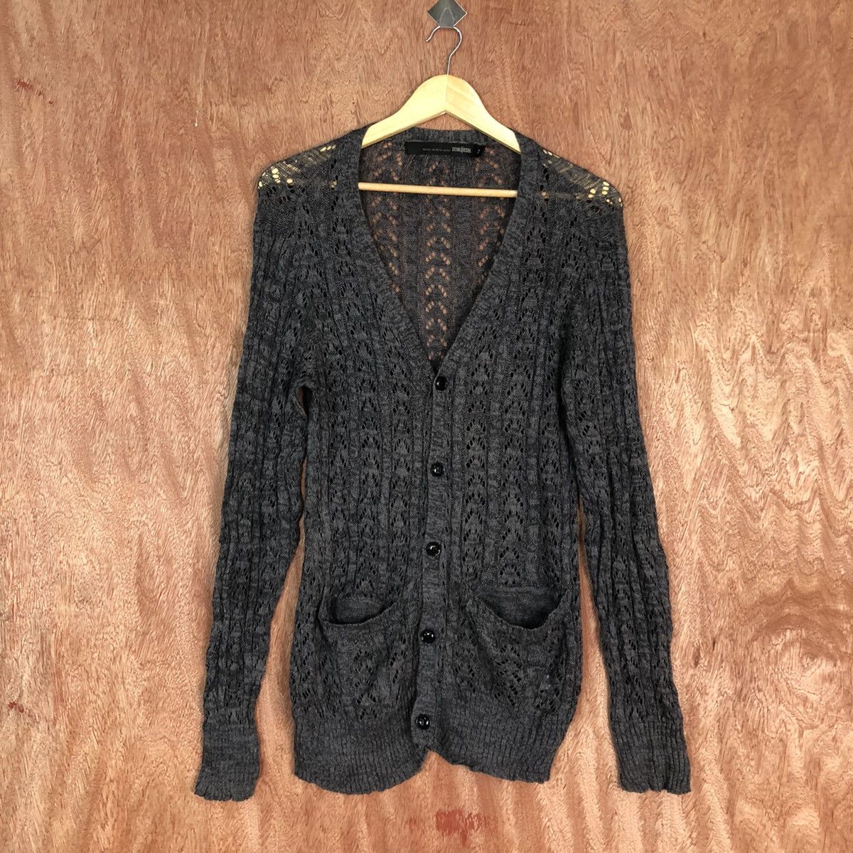image of Homespun Knitwear x Schlussel Black Crochet Mesh Net Cardigan Knitwear 6052, Men's (Size Medium)