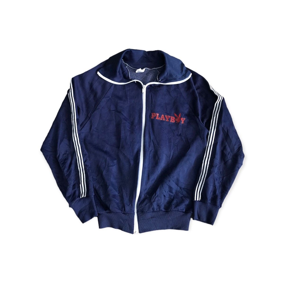 image of Vintage Playboy Bunny Zip Up Track Jacket Blue White Stripe, Men's (Size Medium)