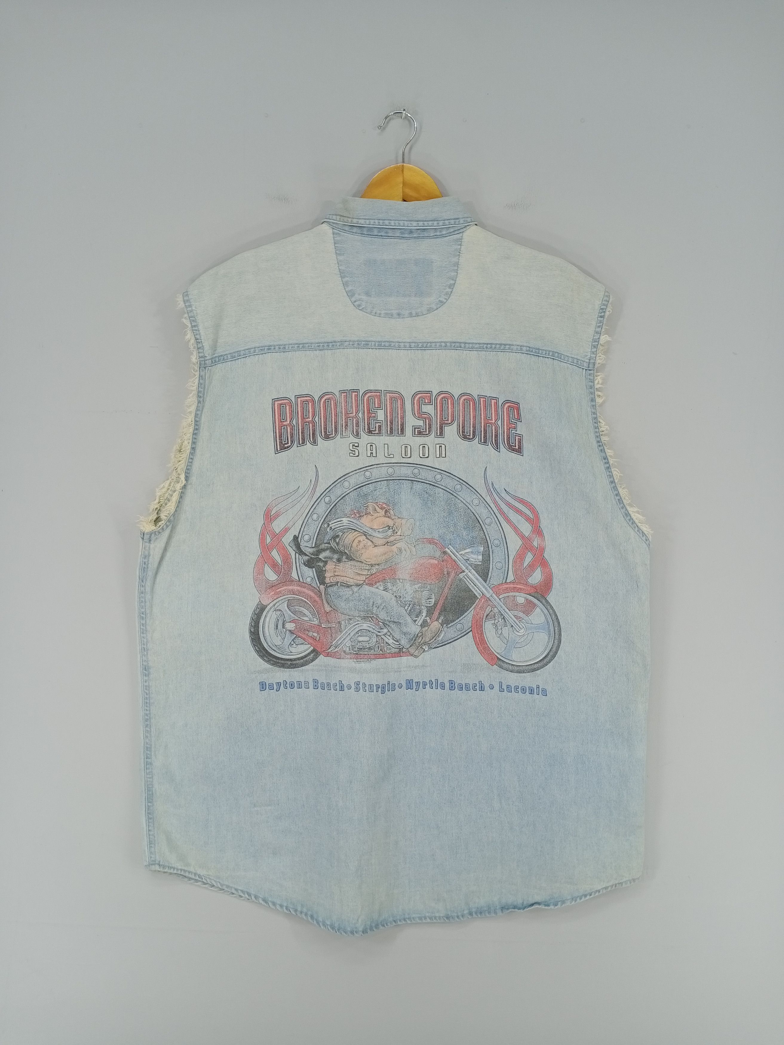 image of Biker Denim x Distressed Denim Vintage Broken Spoke Sturgis Daytona Vest Denim Button Ups (Size XL)