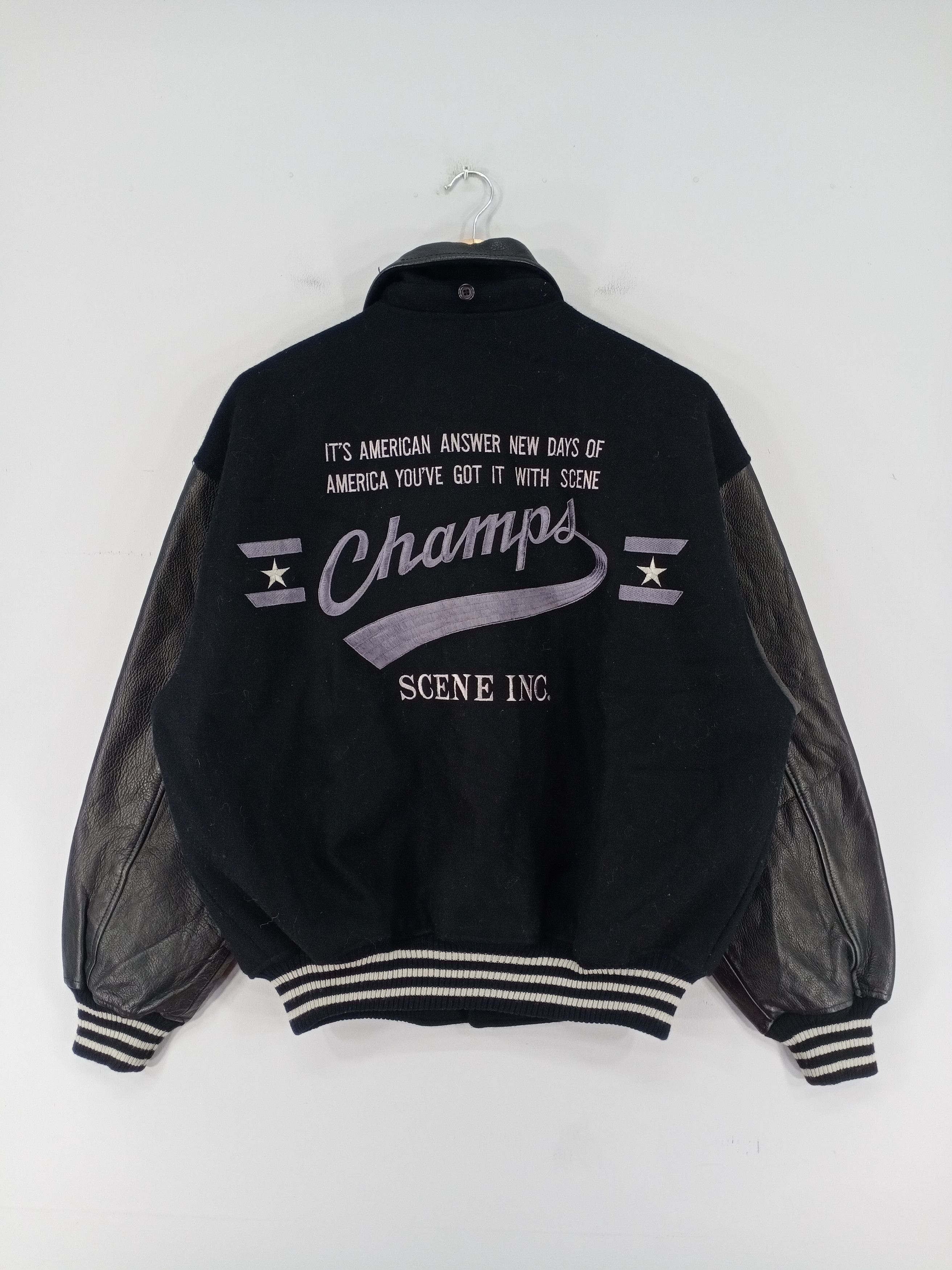 image of Varsity Jacket x Vintage Scene Snap Button Wool Varsity Sleeve Leather Jacket in Black (Size Large)