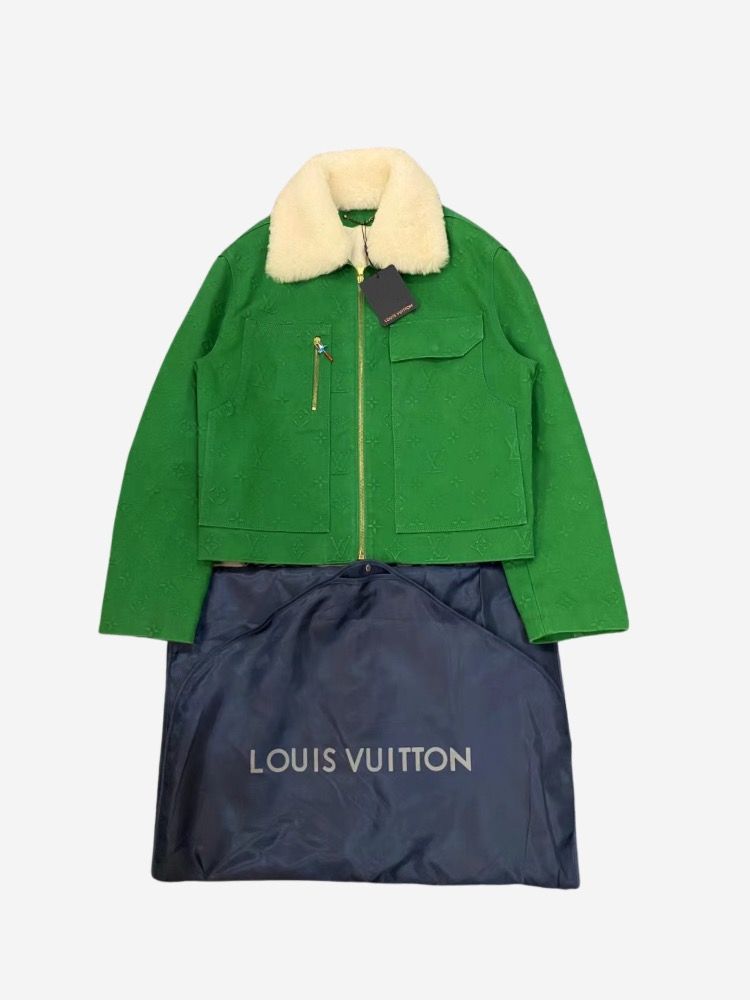 Louis Vuitton Green Monogram Denim Shearling Collar Jacket